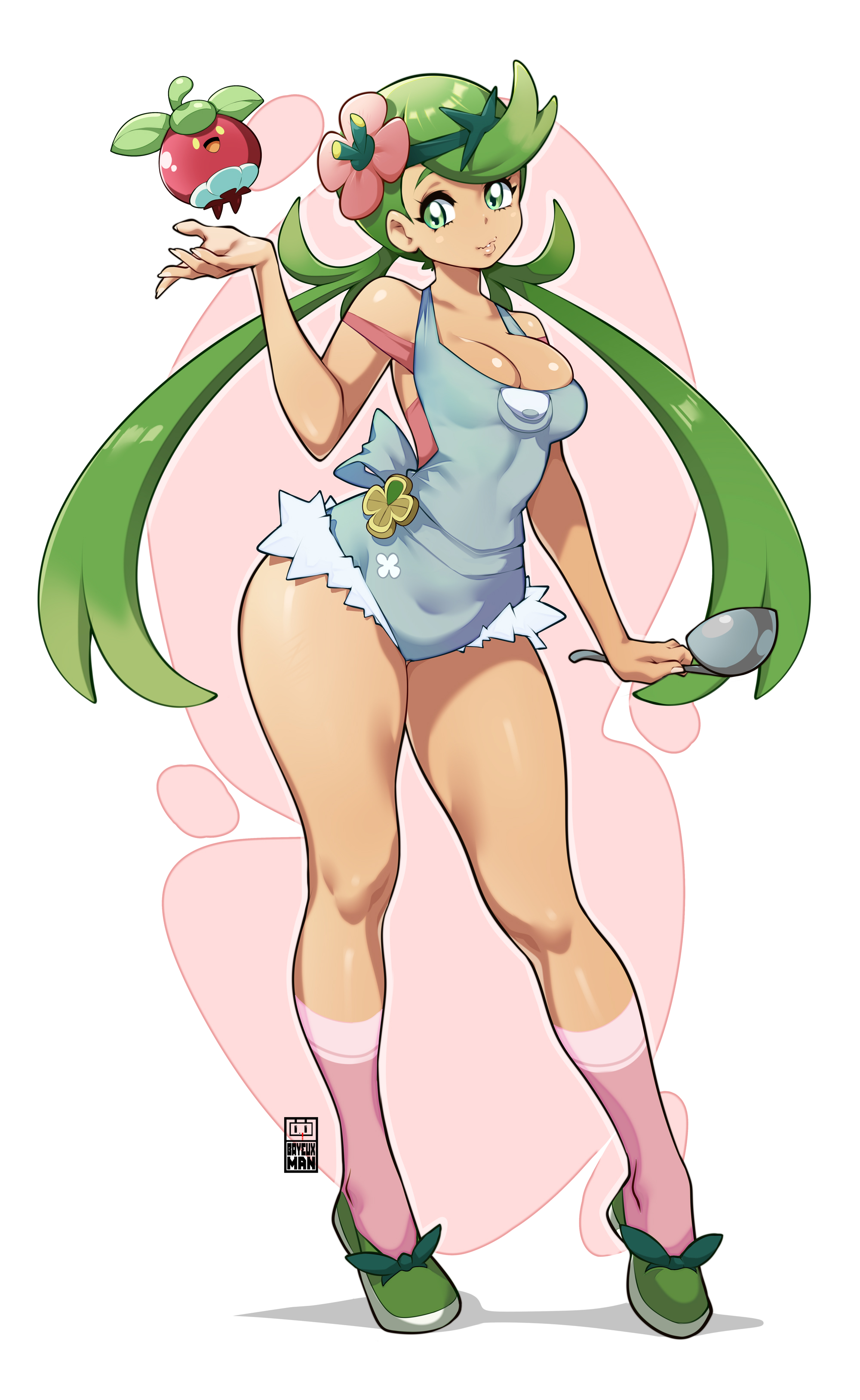 1girls, bayeuxman, big breasts, breasts, female, female only, green eyes, green hair, long hair, looking at viewer, mallow (pokemon), pokemon, pokemon sm, straight hair, tanned, tanned female, thick thighs, wide hips