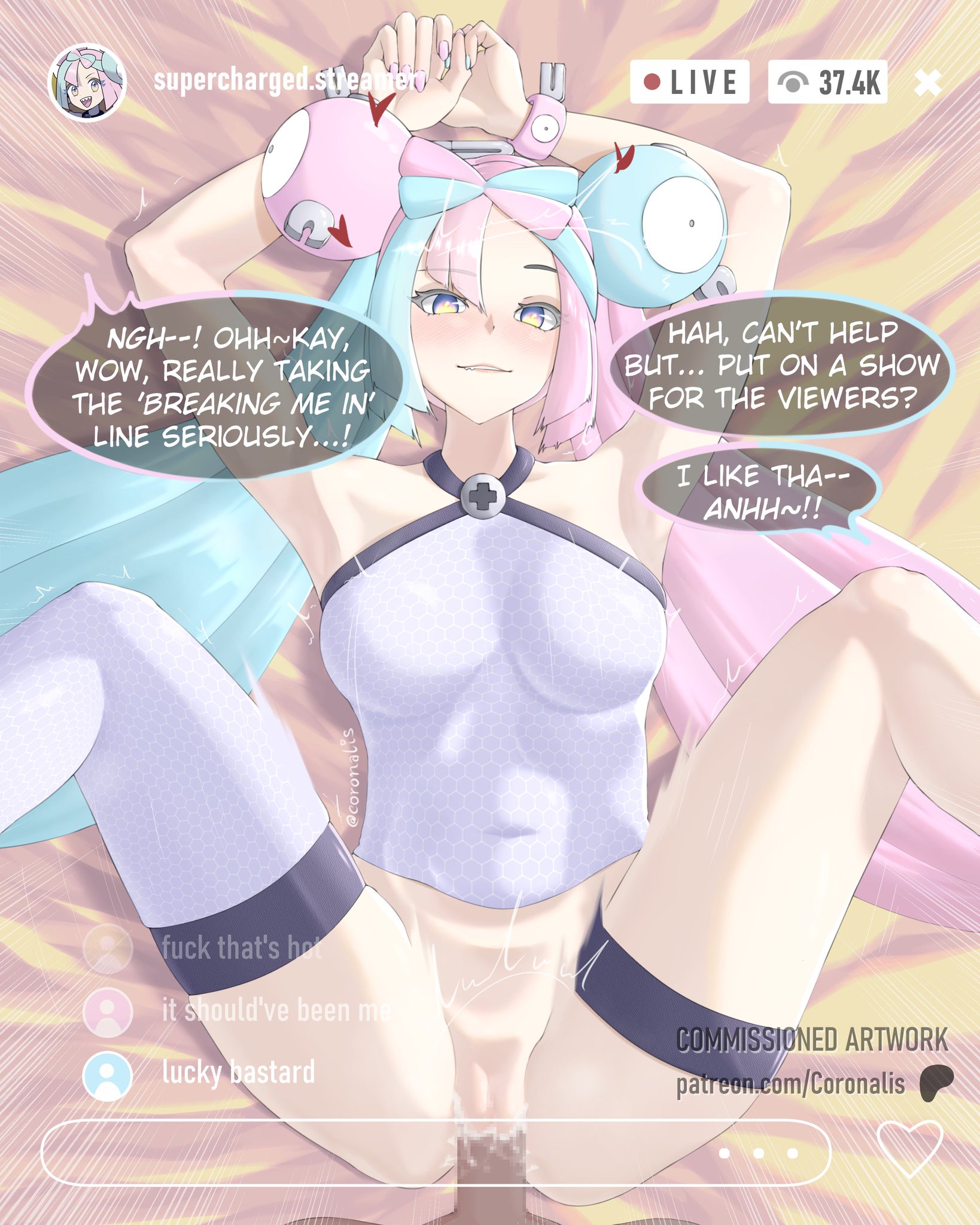 1boy, 1boy1girl, 1girls, armpits, arms behind head, arms up, bed, being recorded, big breasts, blue hair, blush, blushing, breasts, coronalis, cuff (restraint), cuffed, cuffs, dark-skinned male, erection, game freak, handcuffed, handcuffs, happy, iono (pokemon), iridescent eyes, legs, legs apart, legs up, light-skinned female, livestream, looking at viewer, motion blur, motion lines, nintendo, on back, on bed, pantless, penis, penis in pussy, pink hair, pokemon, pokemon ss, pokemon sv, pussy, pussy juice, raihan (pokemon), recording, recording video, sheets, shirt, single thighhigh, smile, smiling at viewer, tagme, thick thighs, thighhighs, thighs, twintails, vagina, vaginal penetration, wet pussy