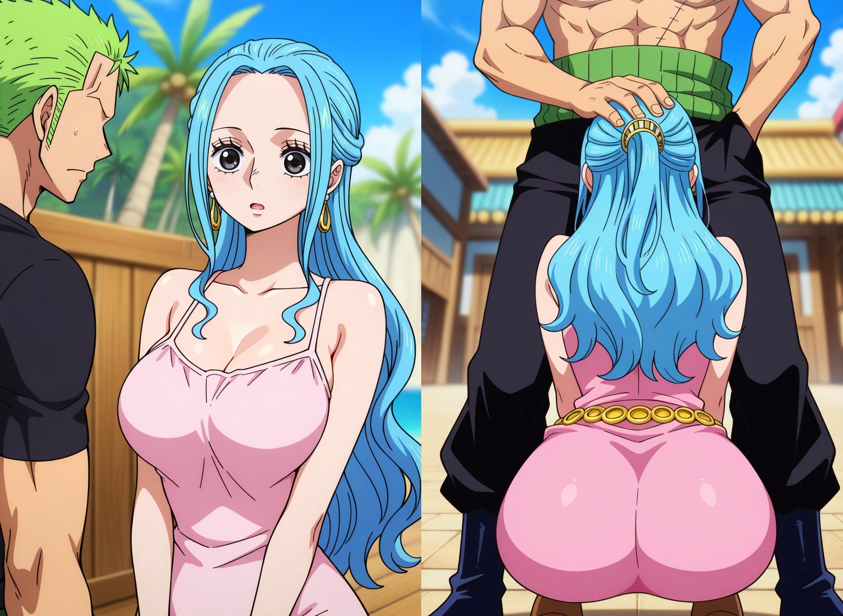 1boy, 1girls, abs, accurate art style, ai generated, arabasta saga, artist request, blue hair, blue-haired female, clothing, fellatio, female, green hair, green-haired male, implied fellatio, male, nefertari vivi, one piece, oral, roronoa zoro, sex