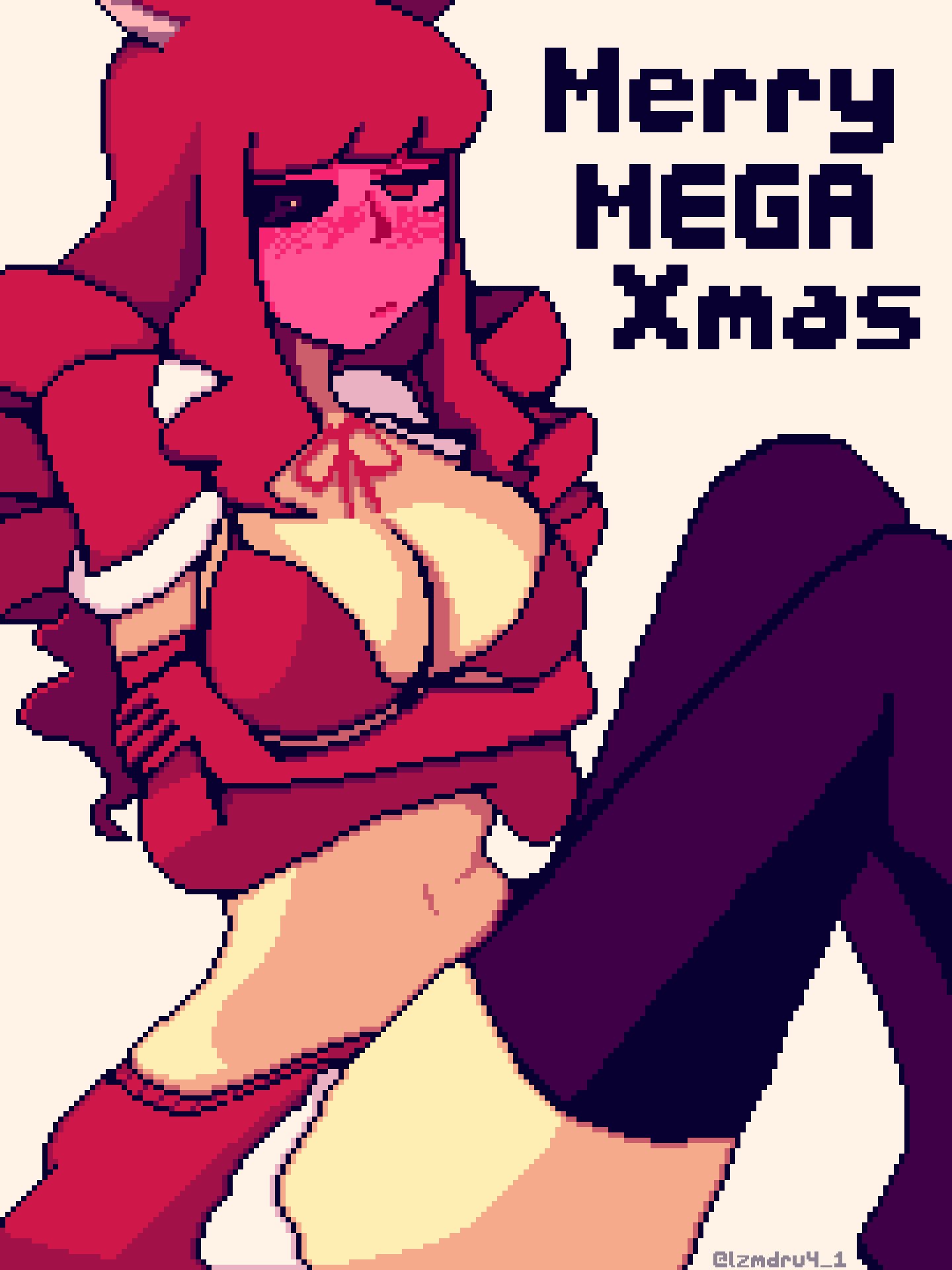 4-1_(lzmdru4_1) arm_under_breasts arms_crossed bikini black_thighhighs blush bowtie breasts christmas english_text gloves horn horns large_breasts legs looking_at_viewer one_eye_closed pixelated red_bikini red_eyes red_face red_gloves red_hair red_skirt shadow skirt stella_hoshii thighhighs waist