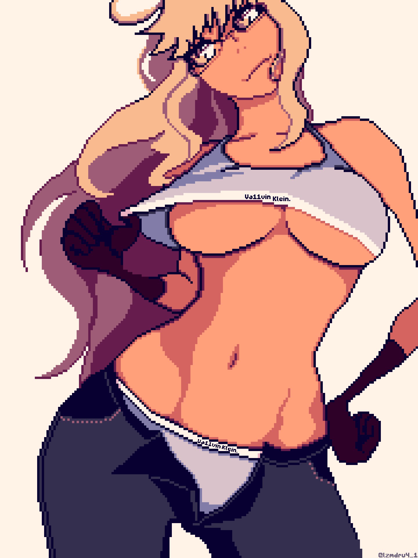 4-1_(lzmdru4_1) alma_armas blonde_hair blue_jeans breasts flashing flashing_breasts glasses gloves jeans large_breasts muscular open_jeans panties_exposed pixelated smirk sports_bra tan_body tank_top thick_thighs thighs underwear white_underwear yellow_eyes