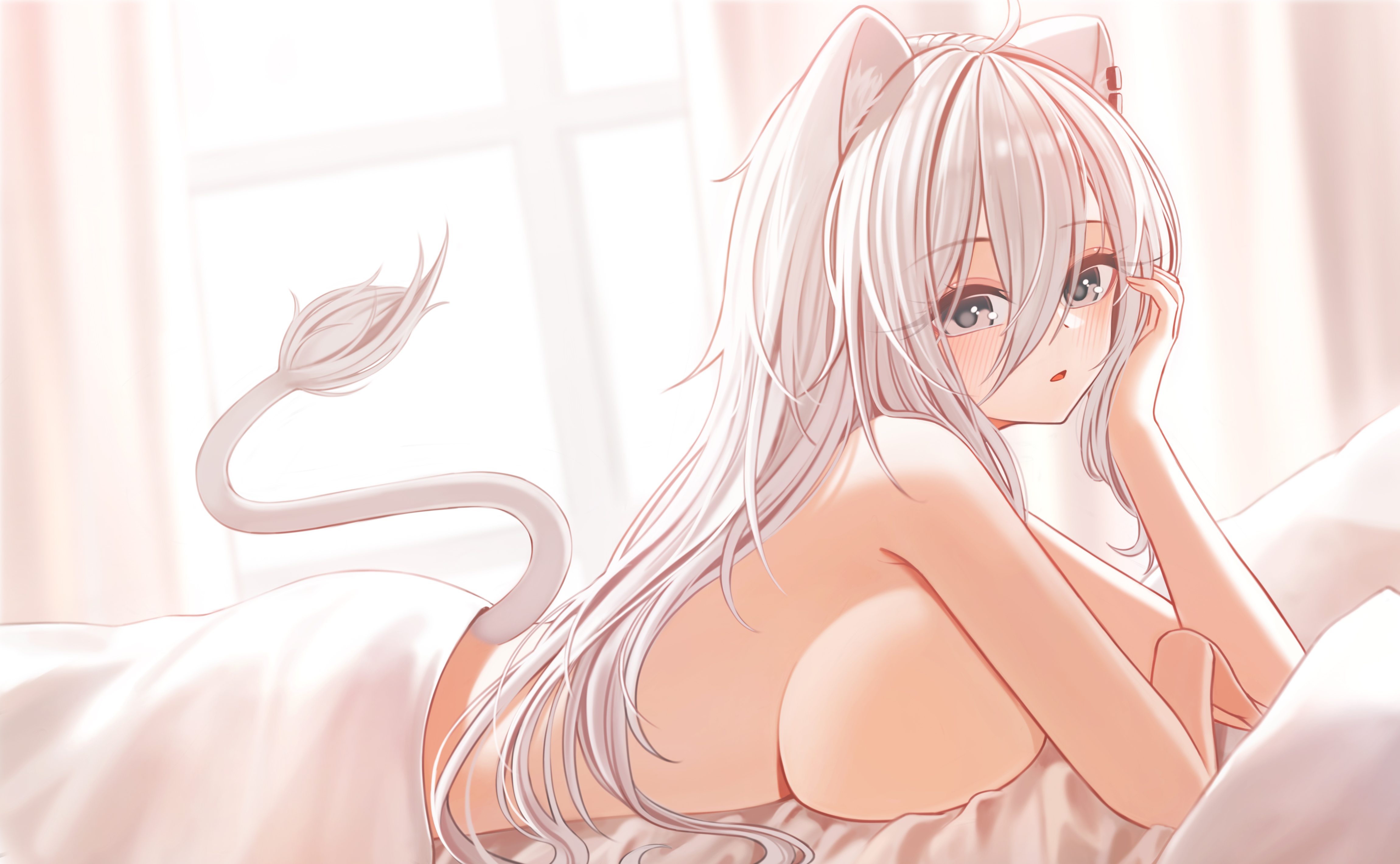 1girls, ahoge, animal ears, animal tail, big breasts, breast press, breasts, female, hololive, hololive gen 5, hololive japan, kemonomimi, ru o, shishiro botan, sideboob, tail, virtual youtuber, white hair