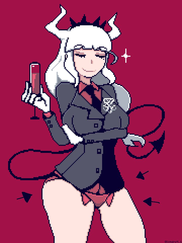 4-1_(lzmdru4_1) alcohol arm_under_breasts breasts closed_eyes crown demon_girl demon_tail drink glass gloves horn horns large_breasts lucifer_(helltaker) panties pixelated red_background red_panties red_shirt shadow smile suit thick_thighs thighs tie white_hair