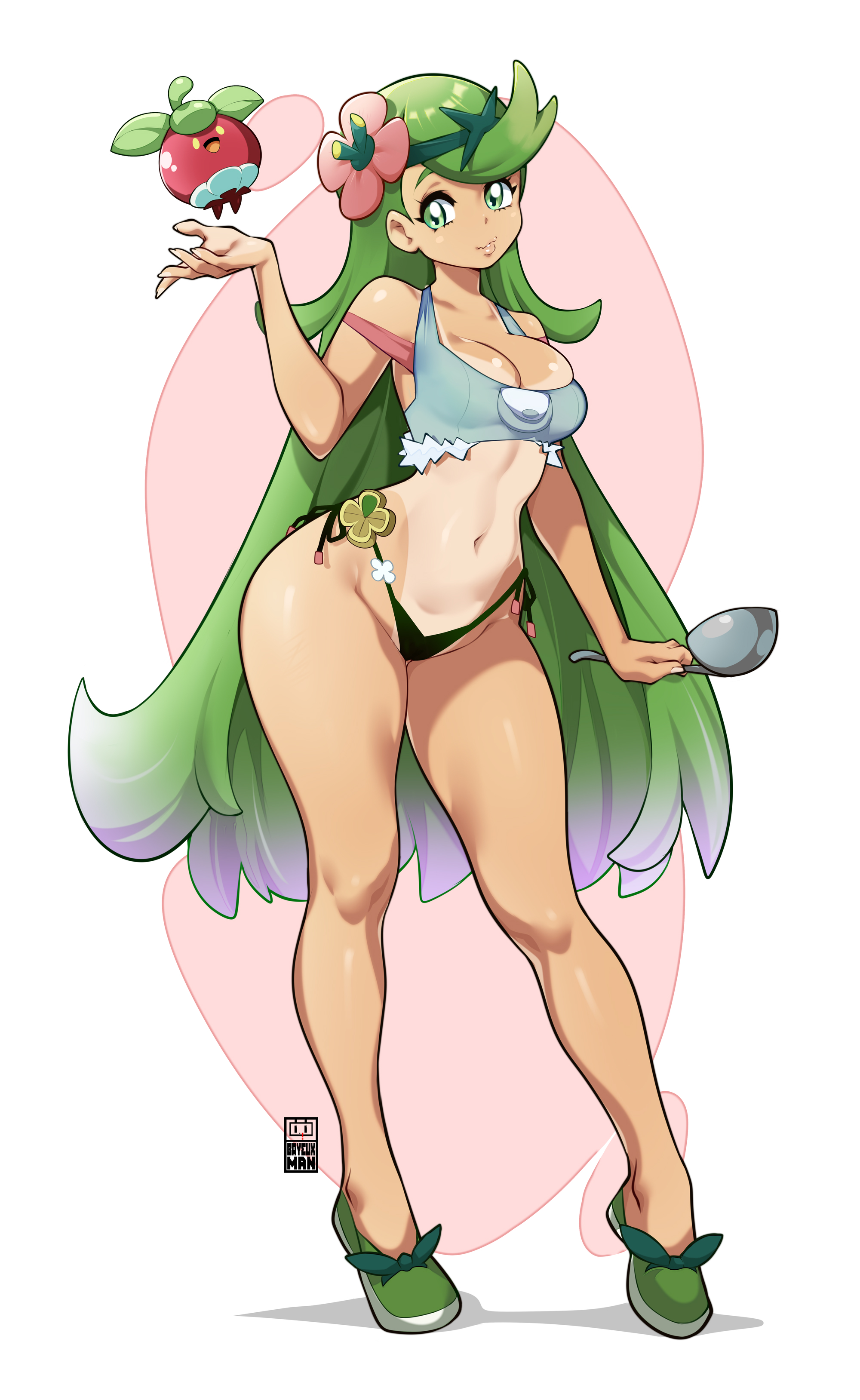 1girls, bayeuxman, big breasts, breasts, female, female only, green eyes, green hair, long hair, looking at viewer, mallow (pokemon), pokemon, pokemon sm, straight hair, tanned, tanned female, thick thighs, wide hips