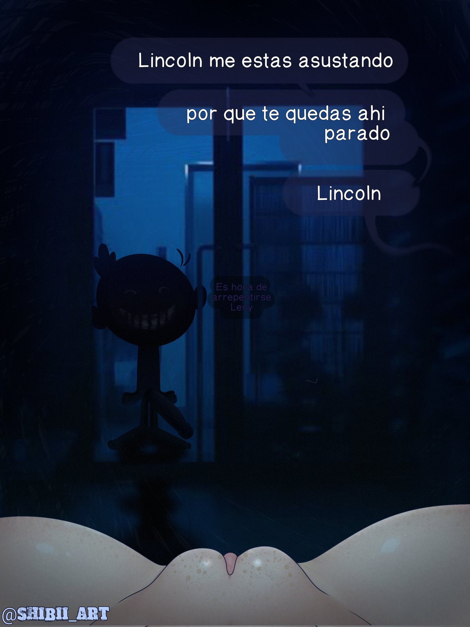1boy, clitoral hood, clitoris, female, female pov, imminent rape, leni loud, male, male focus, nickelodeon, pussy, shibii art, solo, solo focus, spanish text, teenage girl, text, the loud house, vagina