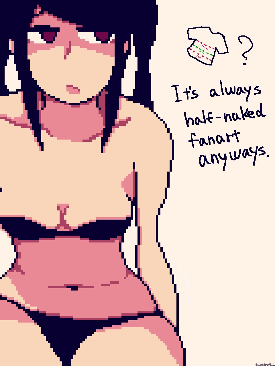 4-1_(lzmdru4_1) annoyed annoyed_expression bikini black_bikini black_hair black_panties boob_shadow breast_shadow english_text julianne_stingray looking_away panties pixelated shadow sitting skinny skinny_girl small_breasts thick_thighs thighs