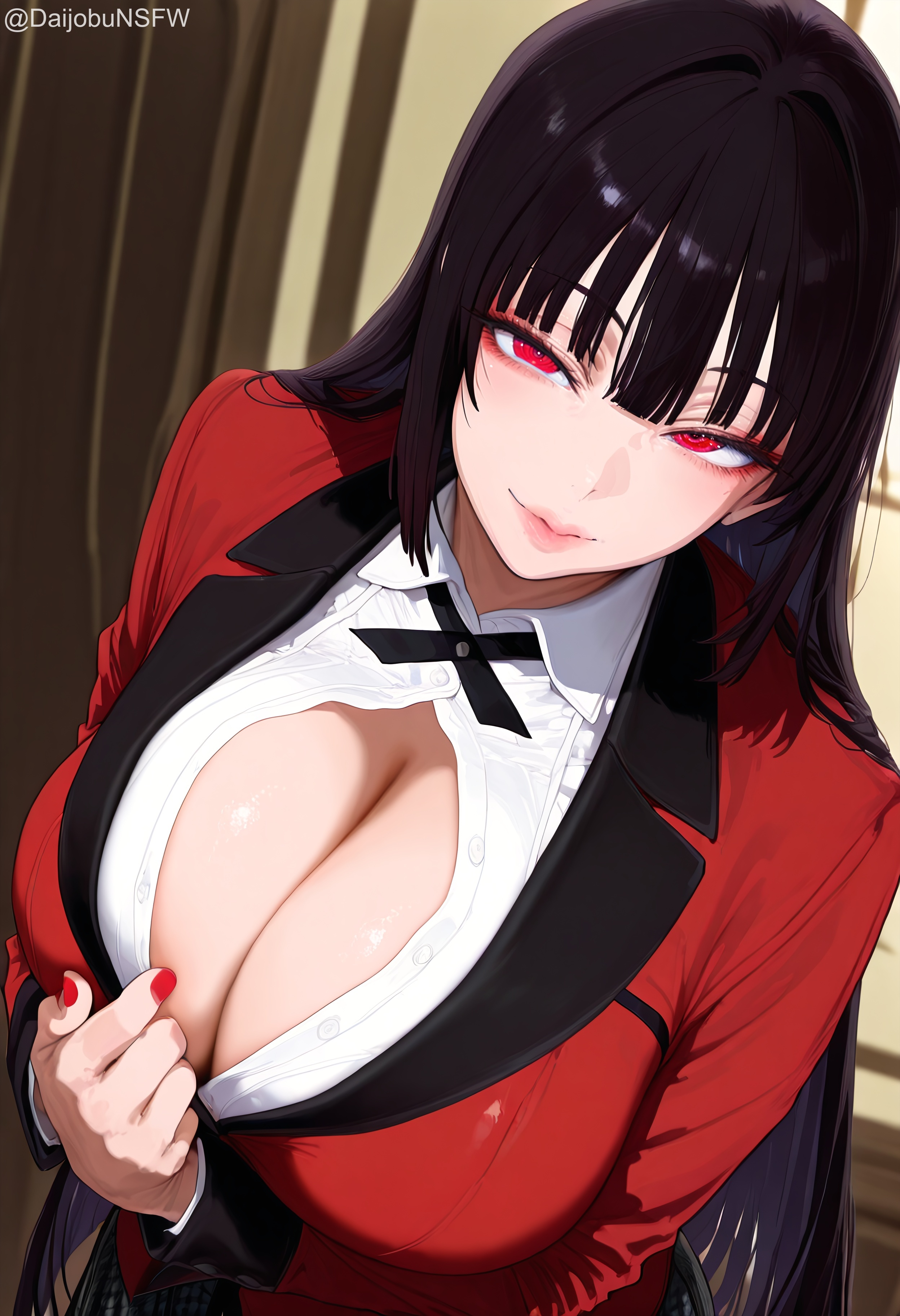 1girls, ai generated, black hair, breasts, daijobunsfw, female, jabami yumeko, kakegurui, large breasts