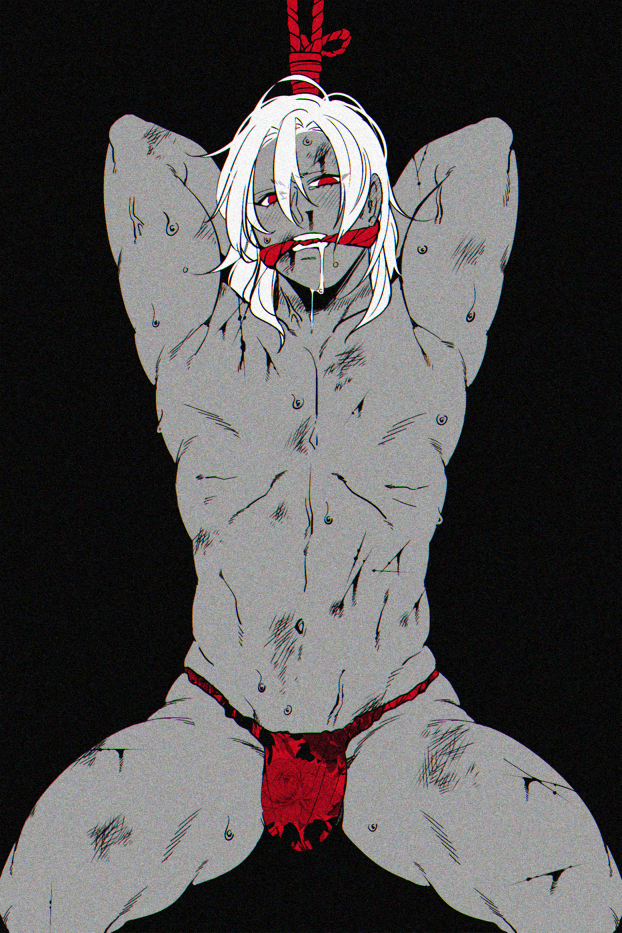 arms_behind_head arms_tied black_background blood bondage cuts demon_slayer drooling fundoshi gag gagged hair_down kimetsu_no_yaiba kyu_717 looking_at_viewer male male_only muscular muscular_male red_eyes restricted_palette reverse_ryona rope scratches solo torture underwear_only uzui_tengen white_hair