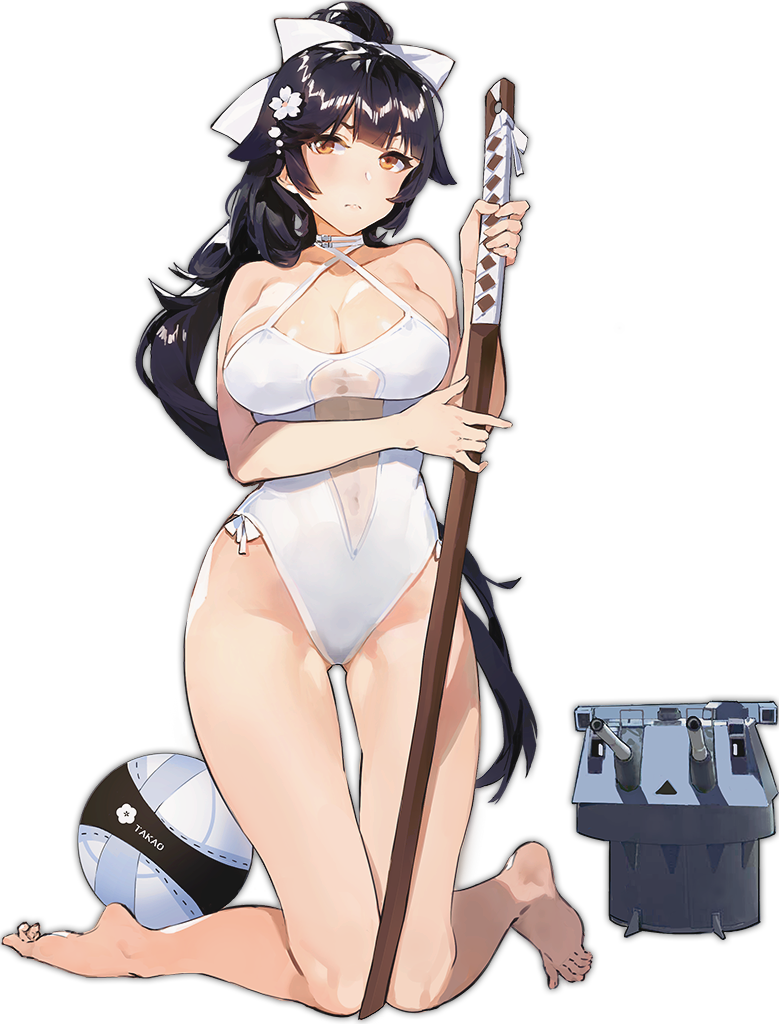 azur_lane big_breasts bikini bikini_armor cleavage game game_cg hair_ribbon katana long_black_hair long_hair official_art open_cleavage oppai seductive swimsuit takao_(azur_lane) takao_(beach_rhapsody)_(azur_lane) thick_thighs volleyball wet_body white_bikini