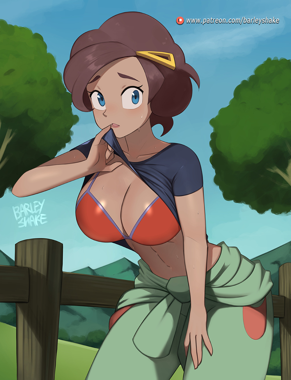 1girls barleyshake big_breasts blue_eyes bra brown_hair collarbone cowboy_shot exposed_breasts eyelashes game_freak grace_(pokemon) hair_ornament hi_res leaning_forward lifted_skirt lifting_own_clothes mature_female milf nintendo outdoors pants pokemon pokemon_xy short_hair sweat tan_skin tan_skinned_female thick_thighs wide_hips