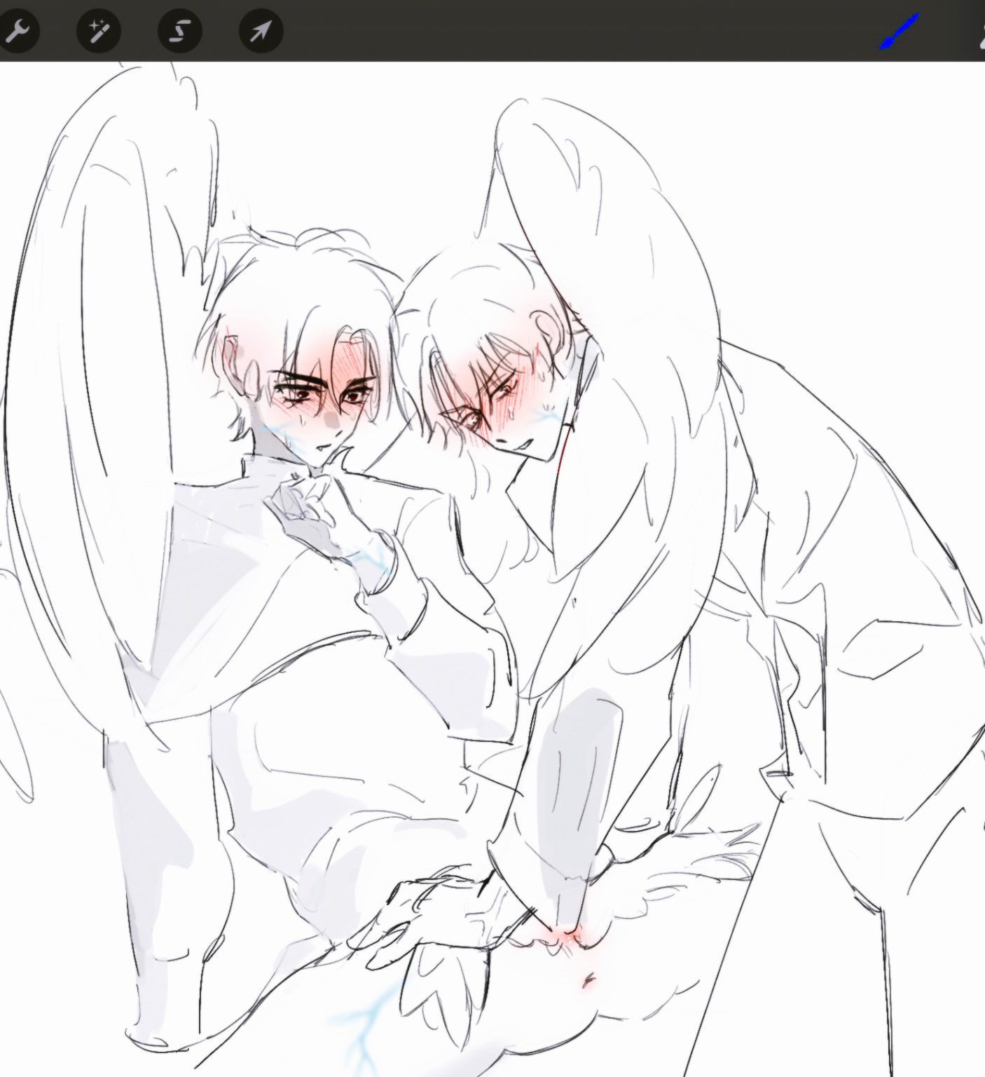 1boy, 1cuntboy, 2boys, alien stage, angel wings, art program in frame, ass, asshole, blush, cuntboy, english commentary, hands on another's thighs, intersex, ivan (alien stage), male, pussy, pussy wings, sikylasi3, spread legs, till (alien stage)