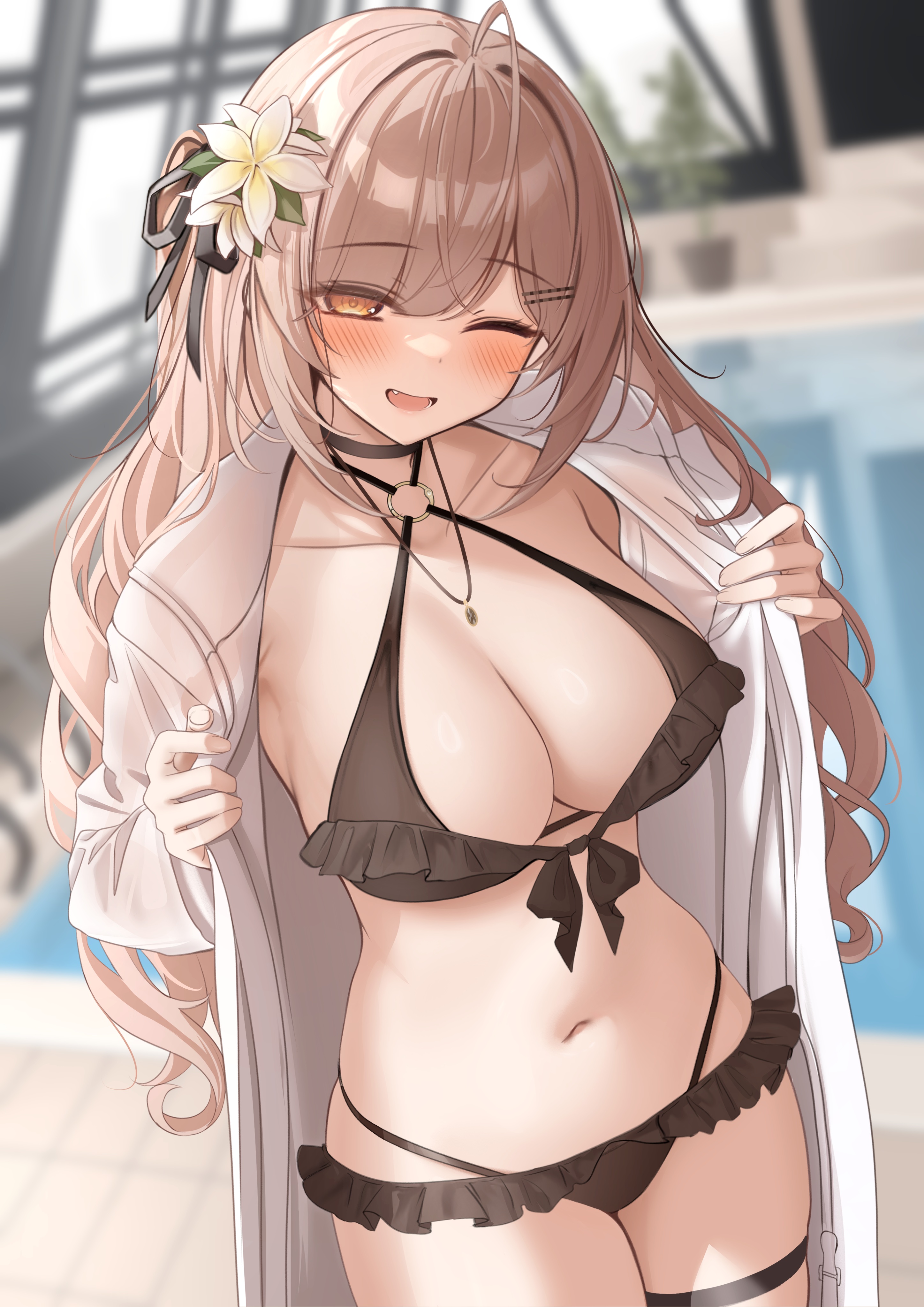 amber eyes, bikini, brown hair, imouto-chan (monaka curl), monaka curl, open shirt, swimsuit