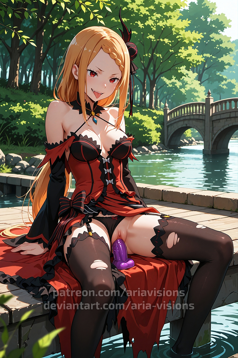 ai assisted, ai generated, ariavisions, blonde hair, braid, dildo insertion, drooling, female, hair ornament, masturbation, orange hair, panties aside, priscilla barielle, pussy, re:zero kara hajimeru isekai seikatsu, red eyes, tongue, tongue out