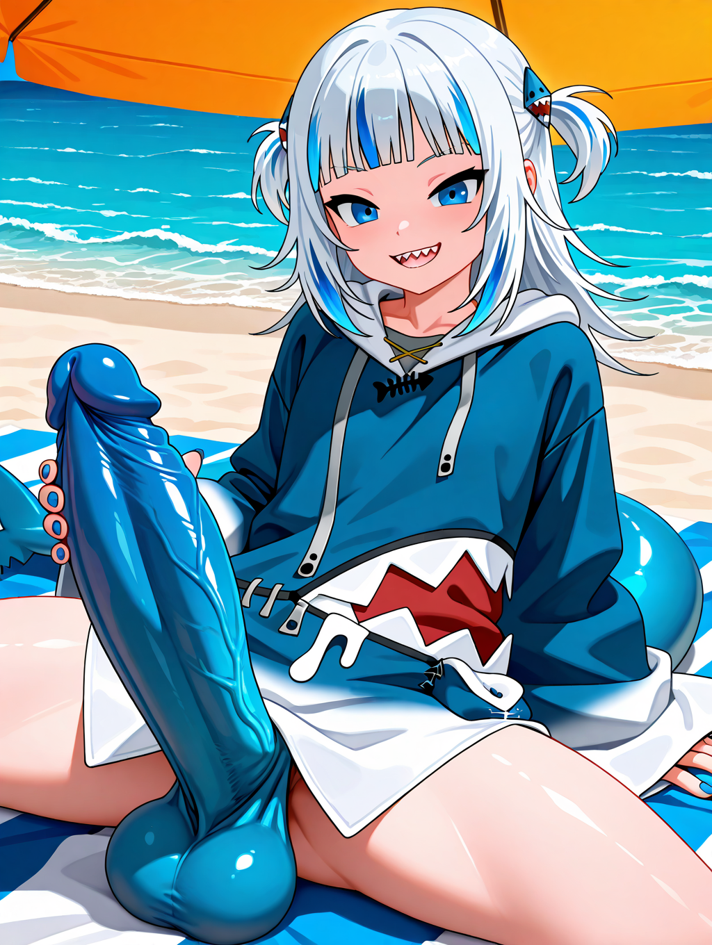 ai_generated balls beach beach_background big_balls big_penis blue_balls blue_eyes blue_genitals blue_hair blue_nails blue_penis futanari gawr_gura giant_penis hand_on_penis hololive hololive_english hoodie huge_cock penis shark_tail sharp_teeth shortstack small_but_hung smile spread_legs thighs veiny_penis virtual_youtuber vtuber