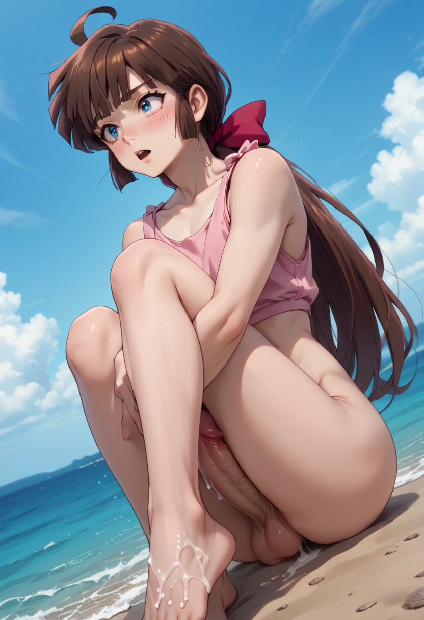 1boy ai_assisted ai_generated beach blue_eyes blush brown_hair commentary_request crossdressing cum_drip cum_dripping cum_dripping_from_penis cum_on_feet cum_on_ground cum_on_penis cum_on_testicles erection femboy gay half_naked half_naked_male half_nude half_nude_male hugging_legs hugging_own_legs legs_up long_hair male male_only nagisa_shiowatari ocean open_mouth otoko_no_ko otokonoko pale_skin penis penis_under_leg pink_clothing pink_crop_top prothyjavs ribbon sand sitting sitting_on_floor sitting_on_ground sole_male solo standing tagme testicles twink urusei_yatsura veiny_penis