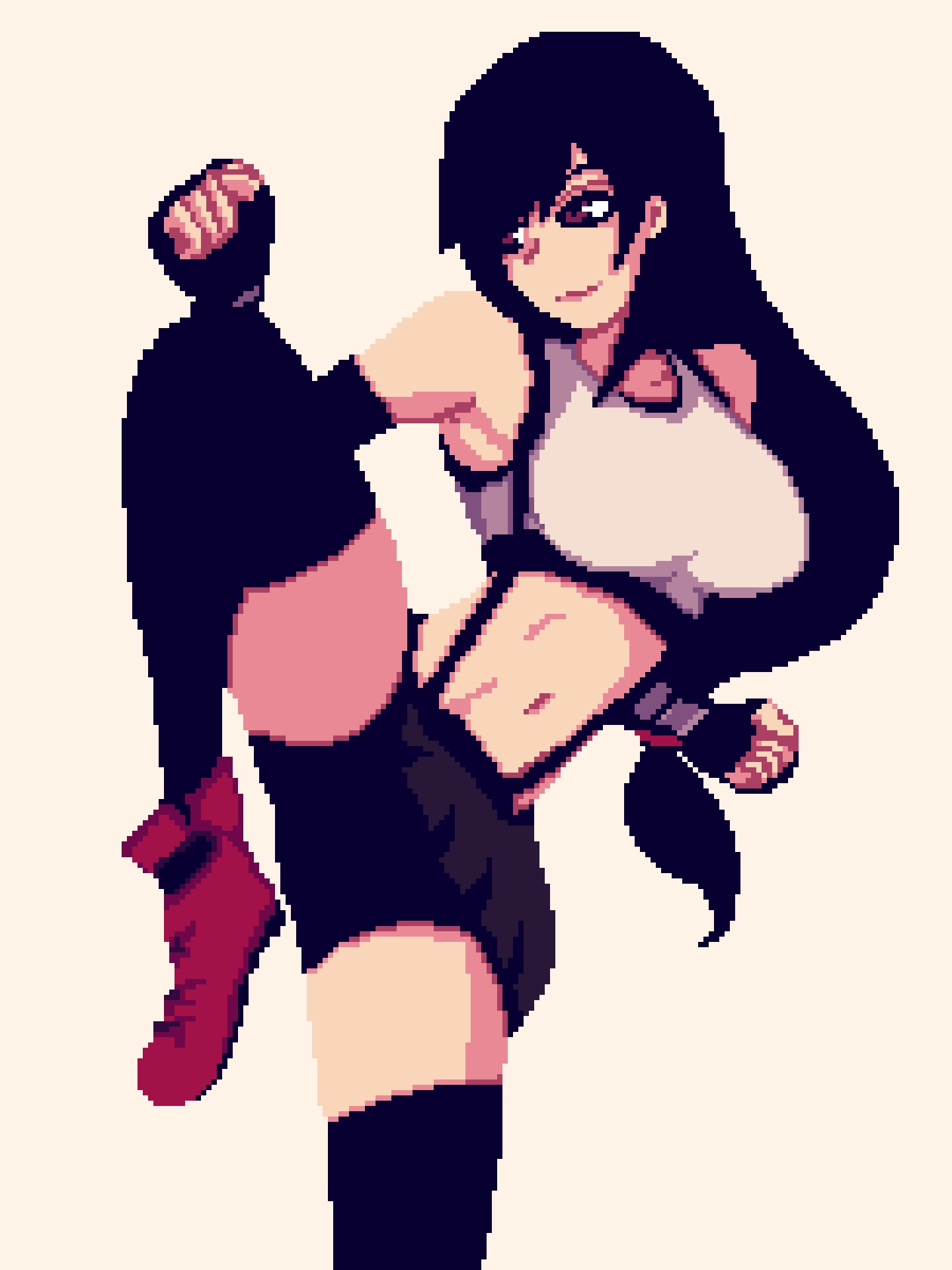 4-1_(lzmdru4_1) bikini black_hair female final_fantasy gloves muscular overalls pixelated shaded shadow shoes shorts smirk sports_bra thick_thighs thighhighs thighs tifa_lockhart training white_sports_bra