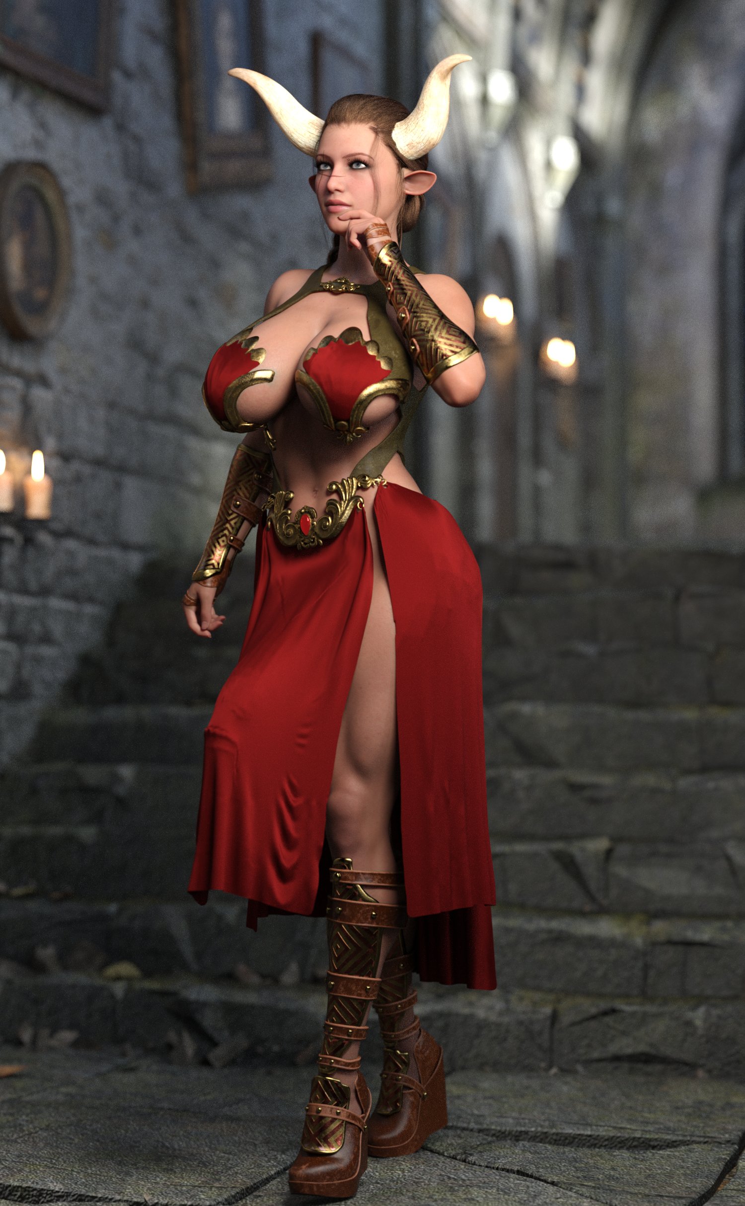 1futa, 3d, big breasts, breasts, brown hair, bulge, bulge through clothing, cleavage, futanari, horns, huge breasts, huge cock, intersex, minotaur, penis, penis outline, pillowfun, sideboob, solo, standing, walking