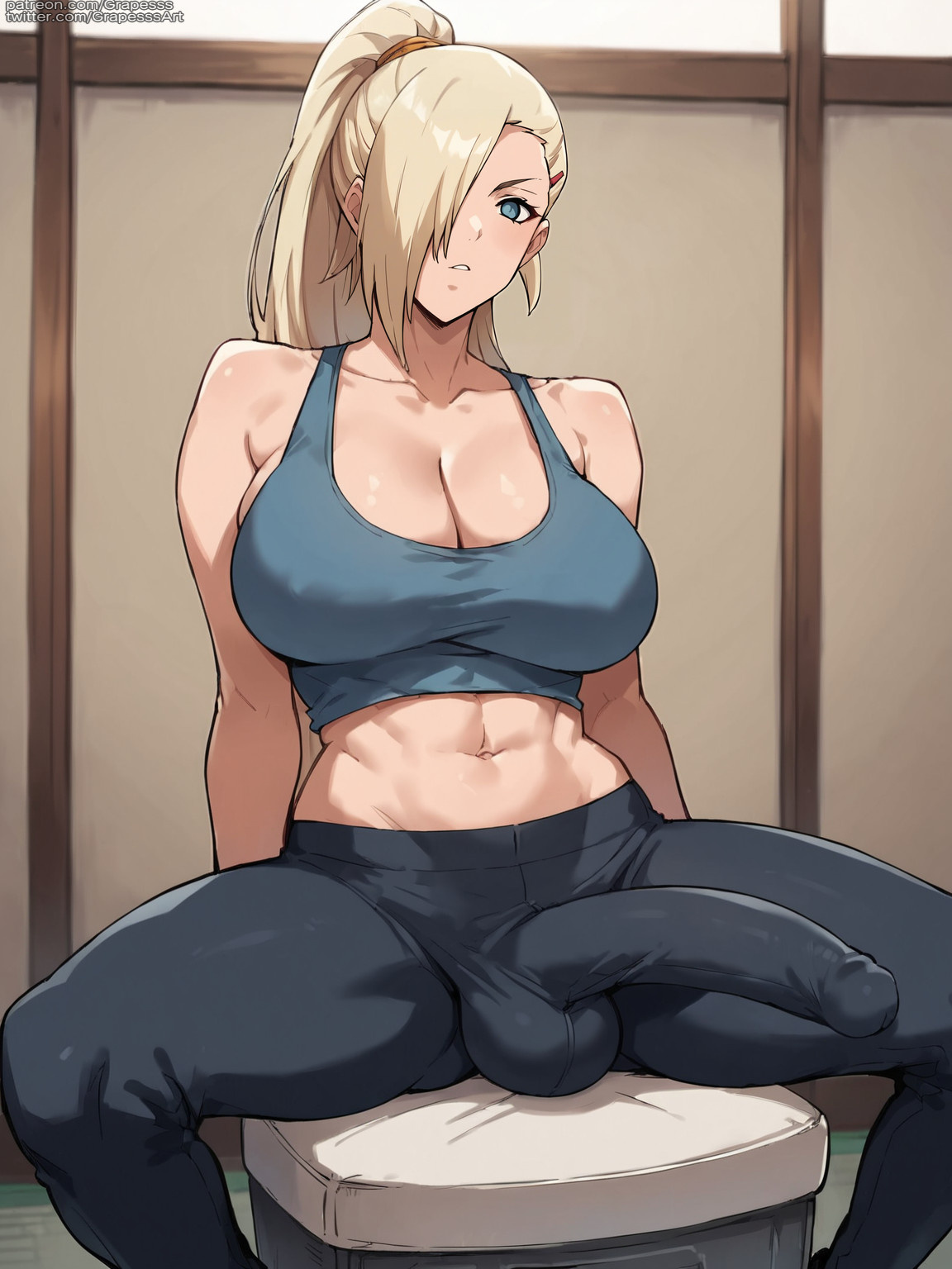 ai generated, bulge through clothing, futanari, grapesss, ino yamanaka, intersex, light skin, light-skinned futa, naruto, naruto (series)
