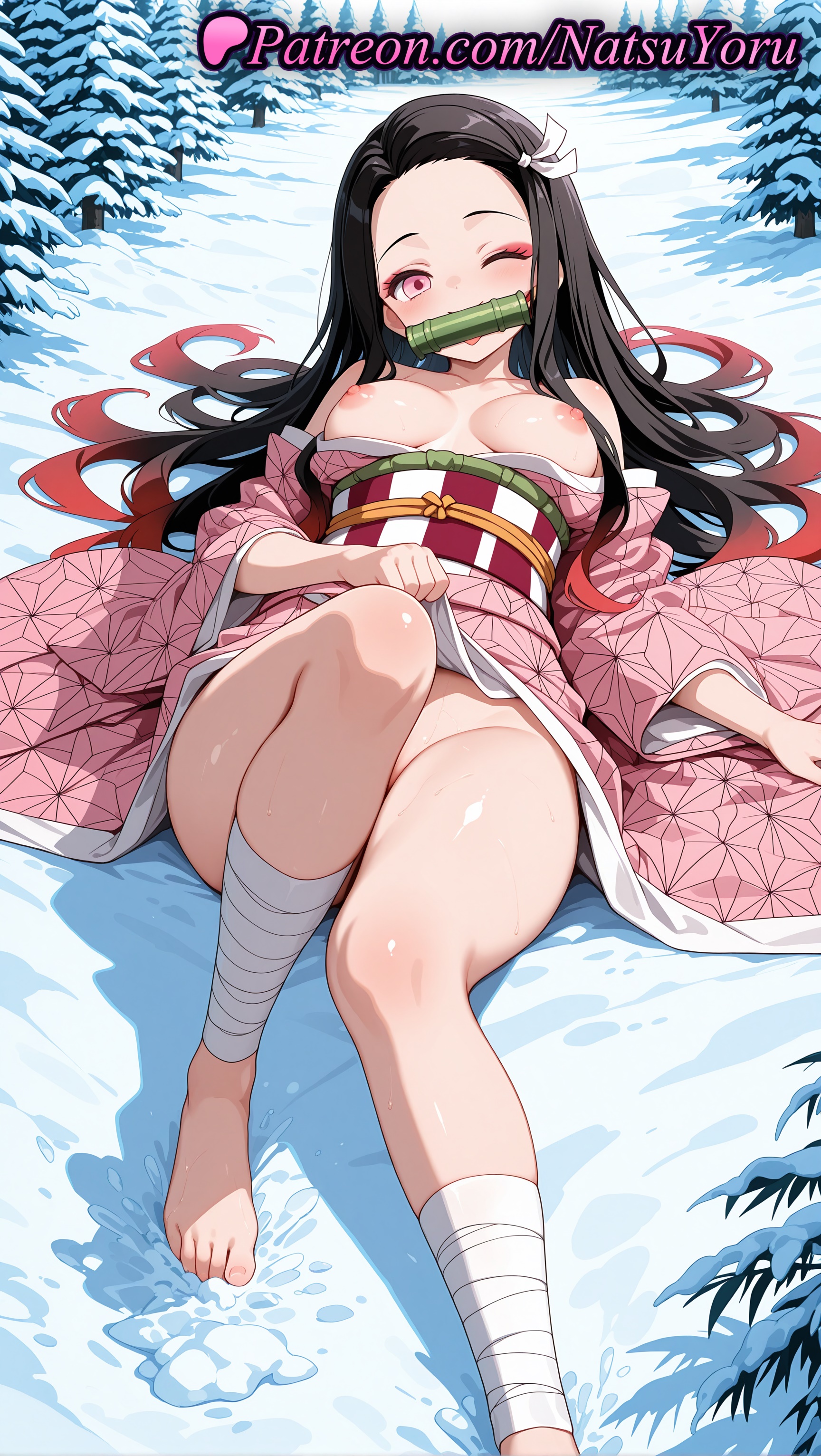 1girls, 2025, ai assisted, ai generated, anime, anime style, asa no ha (pattern), asian, bamboo, bandaged leg, bandages, barefoot, bit gag, black hair, blush, breasts, breasts apart, breasts out, bust, busty, caucasian, checkered sash, clothes lift, convenient leg, covering pussy, demon slayer, feet, female, female focus, female only, foot fetish, foot out of frame, forehead, gag, gagged, gradient hair, hair ribbon, hi res, high quality, high resolution, highres, japanese clothes, kamado nezuko, kimetsu no yaiba, kimono, kimono lift, large breasts, leg wrap, legs, lipstick, long hair, long sleeves, looking at viewer, lying, makeup, medium breasts, mouth hold, multicolored hair, naked kimono, natsuyoru, nezuko kamado, nipples, nipples outside, no panties, non-asian, nopan, obi, off shoulder, on back, one eye closed, outdoors, patreon, pink eyes, pink kimono, pink ribbon, pussy, red hair, ribbon, sash, snow, solo, solo female, stable diffusion, thighs, toenails, toes, two-tone hair, uncensored nipples, very long hair, voluptuous, voluptuous female, wafuku, white ribbon, wide sleeves, winter, yukata