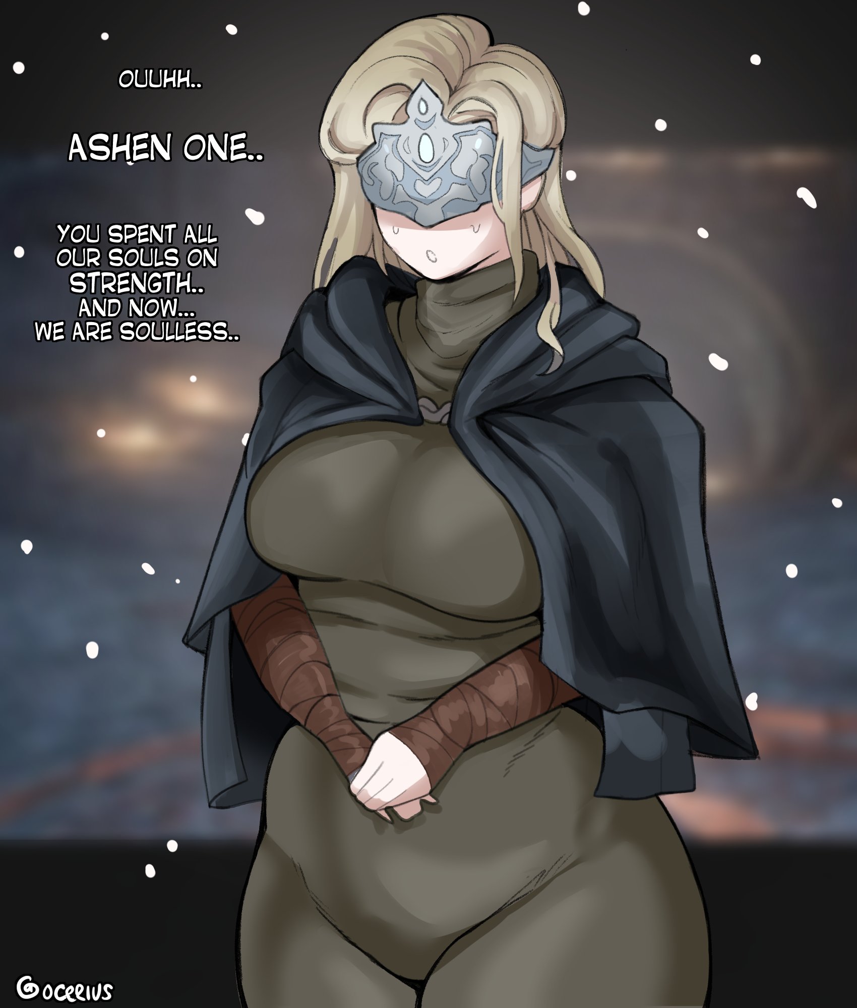 1girls, big breasts, breasts, dark souls, dialogue, female, female only, fire keeper, fromsoftware, hourglass figure, huge breasts, meme reference, ocerius, text, voluptuous, wide hips