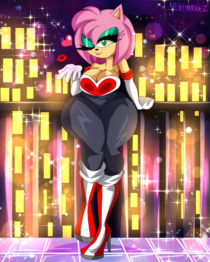 amy_rose big_breasts female female female_only hexdoodlez kissing rouge_the_bat_(cosplay) thick_thighs wide_hips