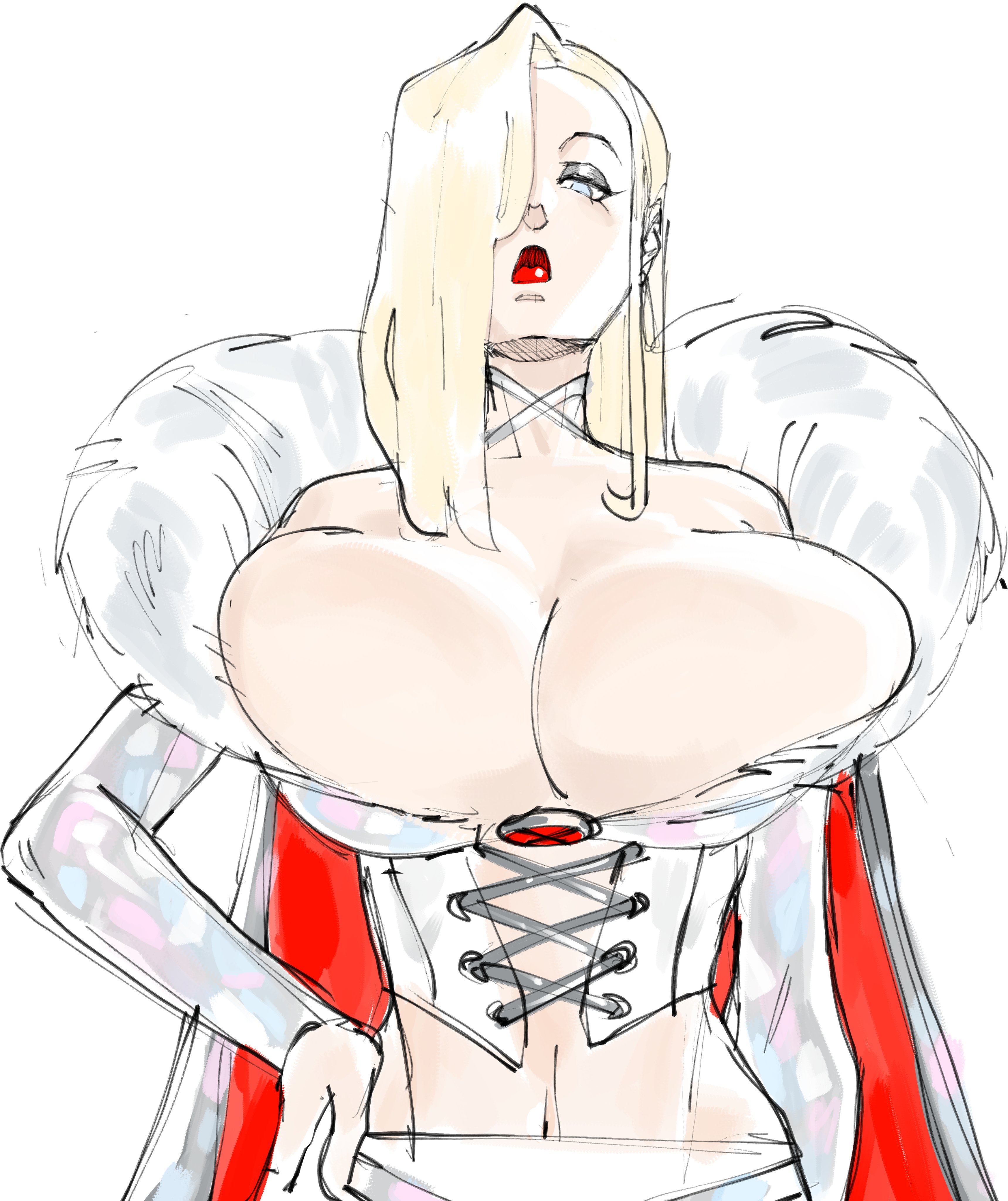 art rat, blonde hair, breasts, bursting breasts, cape, cleavage, emma frost, eyeshadow, female, focus, hair over one eye, half-closed eyes, huge breasts, looking at viewer, makeup, marvel, marvel comics, midriff, navel, overflowing breasts, red lips, skindentation, solo, white background, x-men