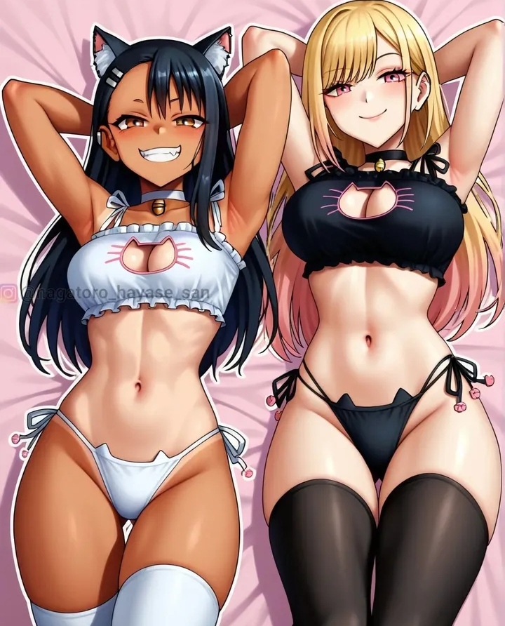 2025 2girls amber_eyes arms_behind_head artist_request black_bra black_hair black_lingerie black_panties blonde_hair blush boob_window bra cat_ears cat_lingerie crossover curvy dark-skinned_female duo female_only hands_behind_head happy hayase_nagatoro instagram_link kitagawa_marin light-skinned_female lingerie long_hair looking_at_viewer navel panties pink_eyes please_don't_bully_me,_nagatoro side-tie_panties slim_waist smile smiling smiling_at_viewer sono_bisque_doll_wa_koi_wo_suru tan_body tanned unknown_artist white_bra white_lingerie white_panties