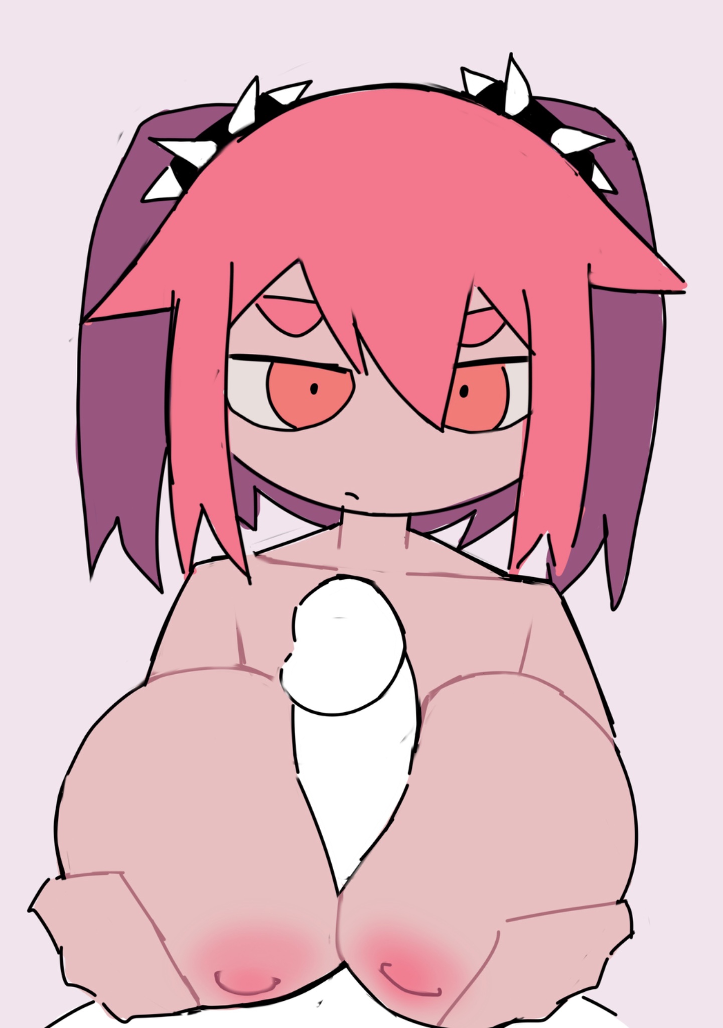 1boy, 1girls, big breasts, boogie (iiiichimaru 03), breasts, closed mouth, collarbone, color, female, female focus, grey background, huge breasts, iiiichimaru 03, iiiichimaru 03 (style), konton boogie, konton boogie trilogy (jon-yakitory), light skin, looking at viewer, male pov, male/female, mv character, naked, naked female, naked male, nipples, open eyes, paizuri, penis, pink eyes, pink hair, pov, scrunchie, simple background, spiked scrunchie, straight, swoiffer2, thick eyebrows, twintails, twitter link, vocaloid