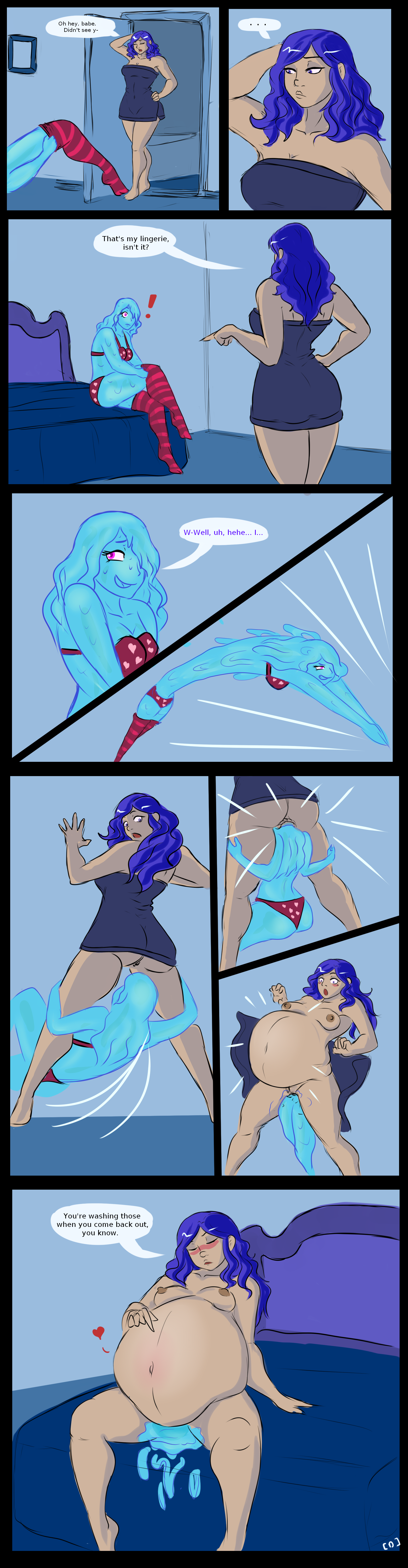 anal, anal sex, armpits, body invasion, comic, dialogue, female, goo, human, inflation, mammal, penetration, unbirthing, unknown artist, vore, yuri
