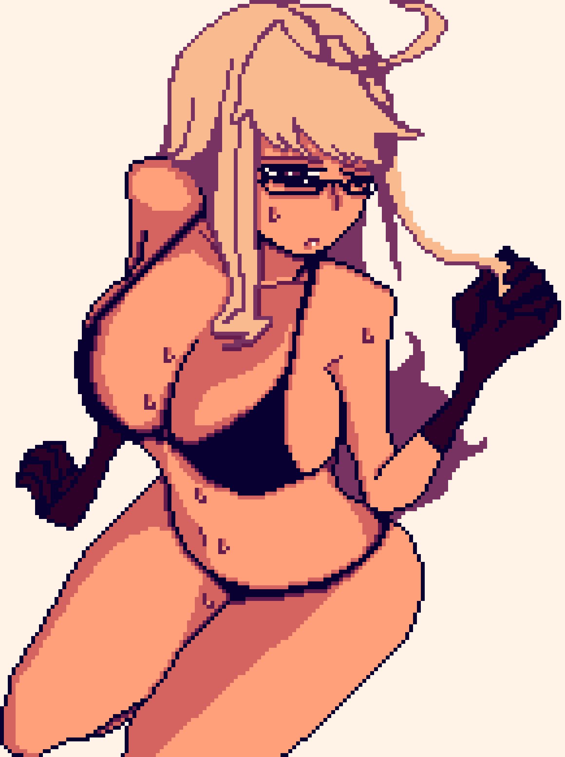 4-1_(lzmdru4_1) alma_armas bikini black_bikini black_clothing black_panties blonde_hair breasts glasses gloves grabbing_hair large_breasts looking_at_viewer one_eye_closed pantyhose pixelated shadow sitting sweat sweating tan_body thick_thighs thighs