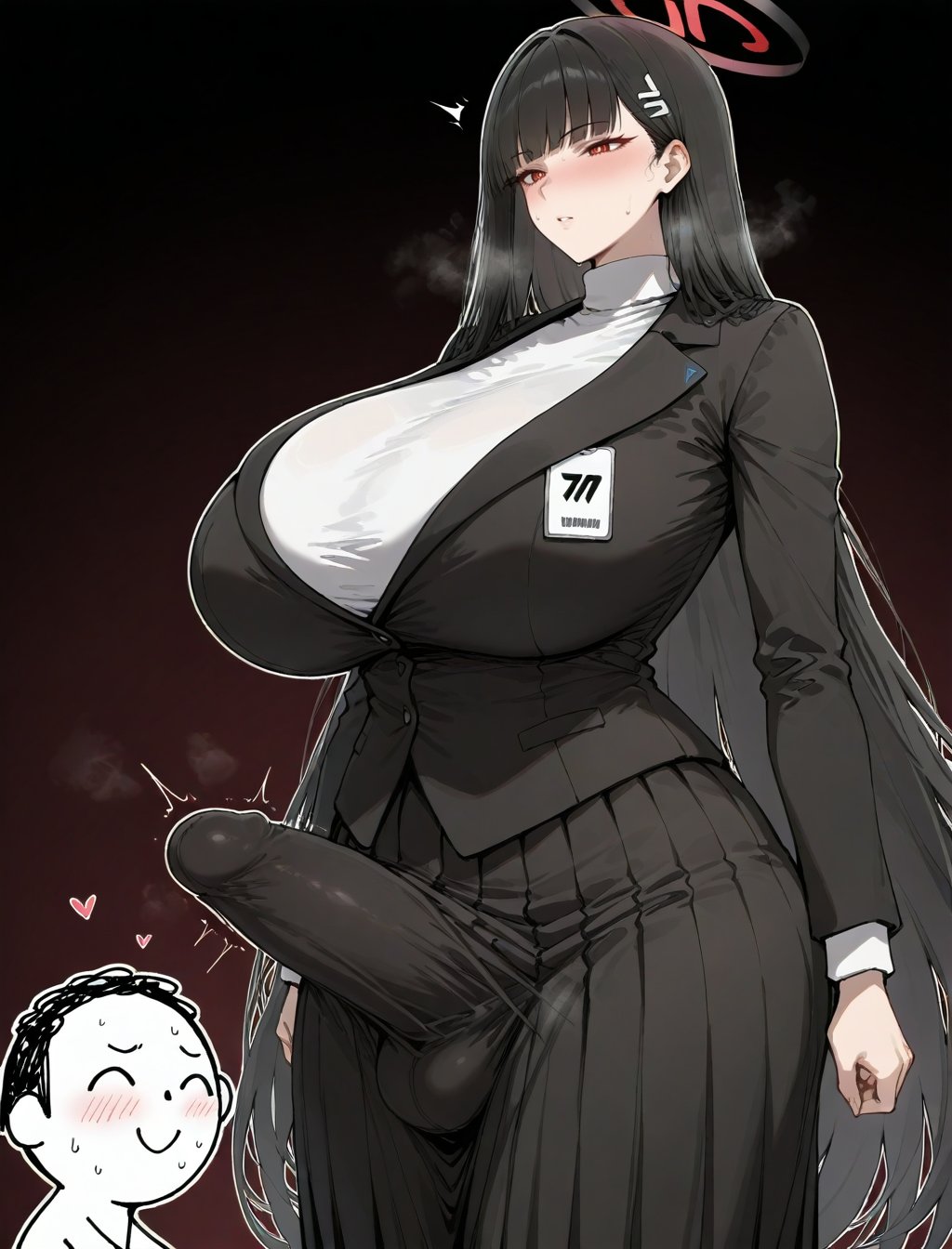 1boy, 1girls, ai generated, bare thighs, big penis, black hair, blue archive, breasts, bulge, bulge through clothing, dosukebeai, female, futa is bigger, futanari, gigantic breasts, huge breasts, huge cock, huge thighs, intersex, light skin, light-skinned female, long hair, looking down, male, massive breasts, penis, red eyes, rio (blue archive), sensei (blue archive), squatting, sweat, sweatdrop, thick body, thick female, thick thighs, thighs, voluptuous, voluptuous futa