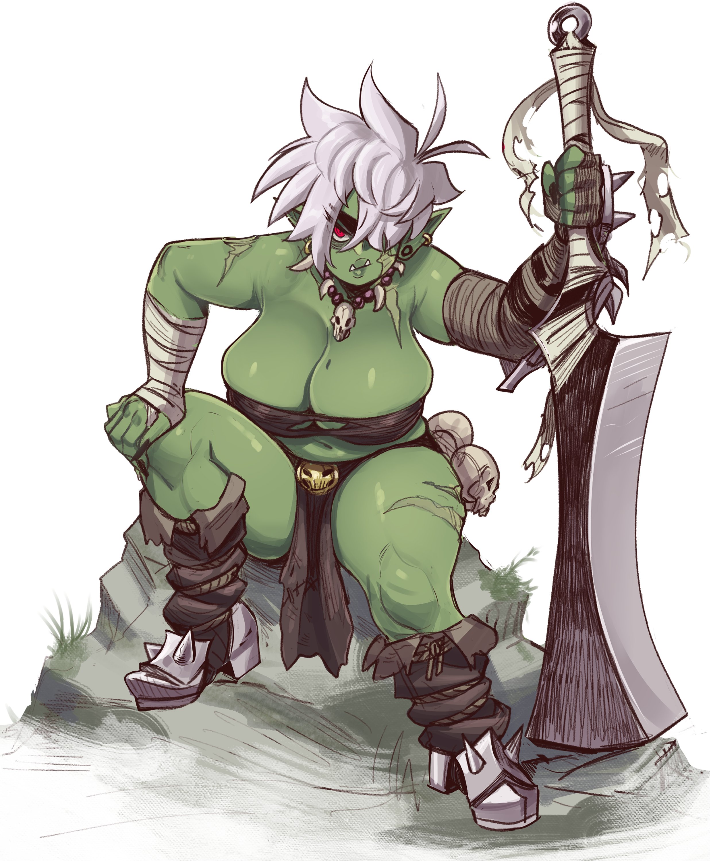 1girls, ass, aunt, aunt hellen (insouwu), belly button, big ass, big breasts, breasts, child bearing hips, earrings, eyebags, fangs, female, hair over one eye, insouwu, massive ass, massive breasts, mature female, milf, mole on breast, nipples visible through clothing, no bra, orc, orc female, original character, piercing, pointy ears, red eyes, scars, scars all over, short hair, sword, thick ass, thick hips, thick legs, thick lips, thick thighs, thighhighs, tomboy milf