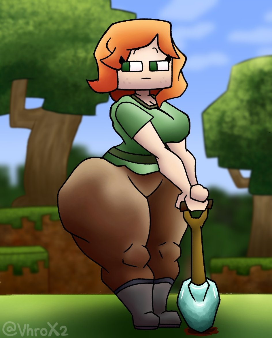 2d, 2d (artwork), 2d artwork, alex (minecraft), ass, big breasts, bottom heavy, bottom heavy female, breasts, curvaceous, curvy, curvy body, curvy female, curvy figure, female, freckles, green eyes, huge ass, light skin, light-skinned female, looking to the side, low res, lowres, minecraft, orange hair, shovel, square head, tree, vhrox2, voluptuous, voluptuous female