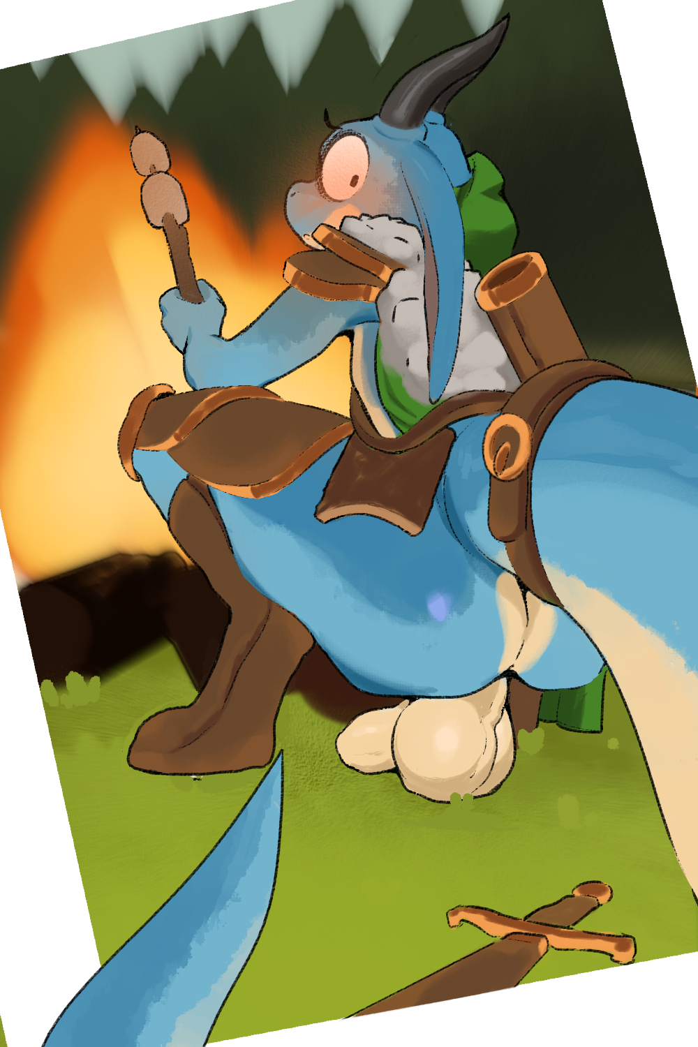 2:3 accessory anthro ass backsack balls beanshaped belt big_balls big_tail blue_body blue_scales bottomless bottomless_anthro bottomless_male campfire candy clothed clothing crouching dessert fire food furgonomics genitals hi_res holding_object holding_stick horn kobold long_ears long_tail looking_at_viewer looking_back looking_back_at_viewer male marshmallow partially_clothed penis roasting_marshmallow scales scalie solo stick tail tail_accessory tail_belt thick_tail