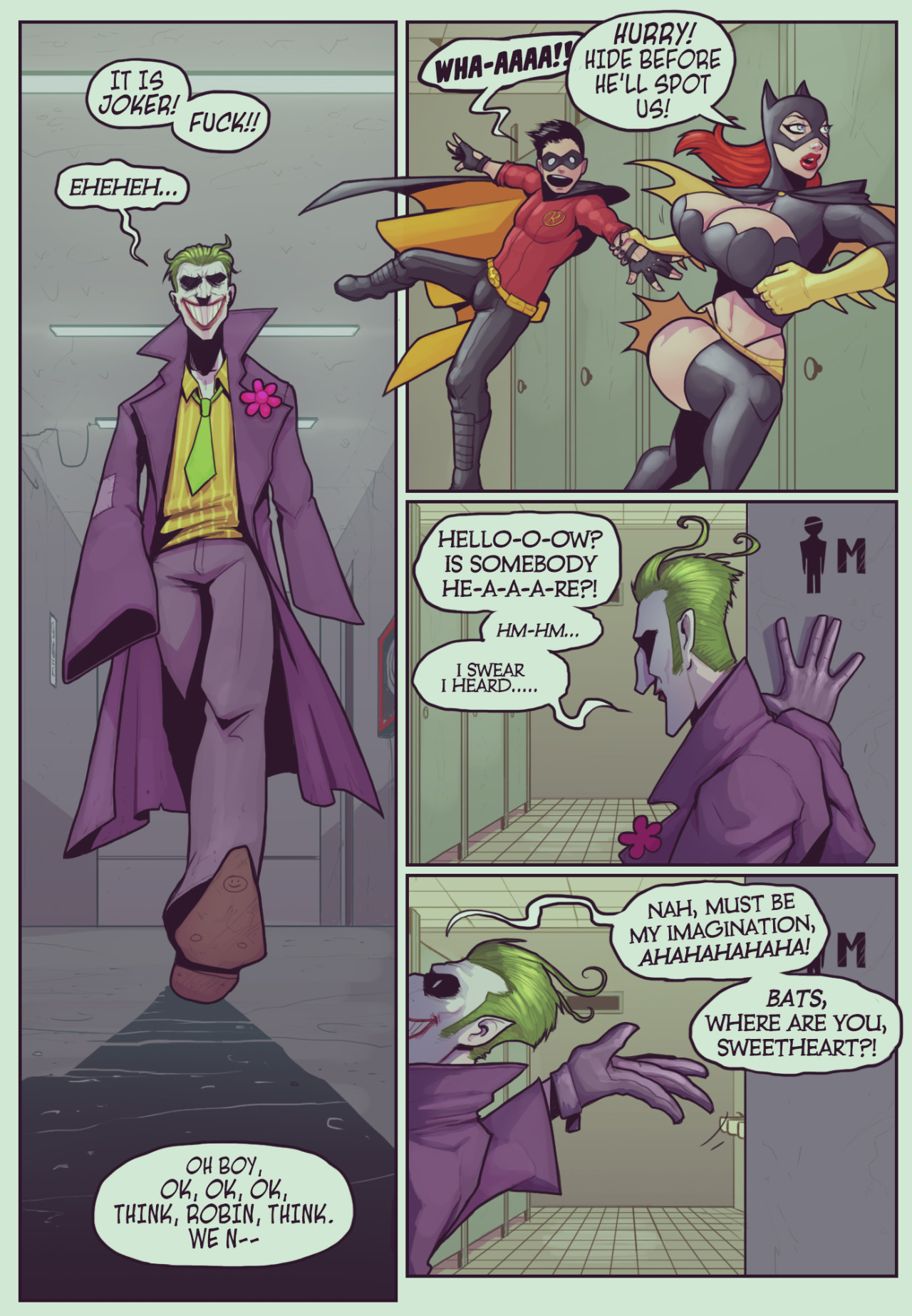 1girls, ass, barbara gordon, batgirl, batgirl (dcau), batman (series), batman beyond, batman: the animated series, belt, bent over, big ass, black hair, blue eyes, blush, boots, breasts, cameltoe, cape, clothed, comic, costume, dc, dc comics, devil hs, english text, female, gloves, green hair, grin, heroine, huge ass, huge breasts, joker, legwear, long hair, male, mask, multiple boys, multiple males, navel, outfit, panties, pants, pussy, red hair, robin (dc), shoes, short hair, sidekicks, skirt, smile, superhero, text, the new batman adventures, thong, tim drake (dcau)