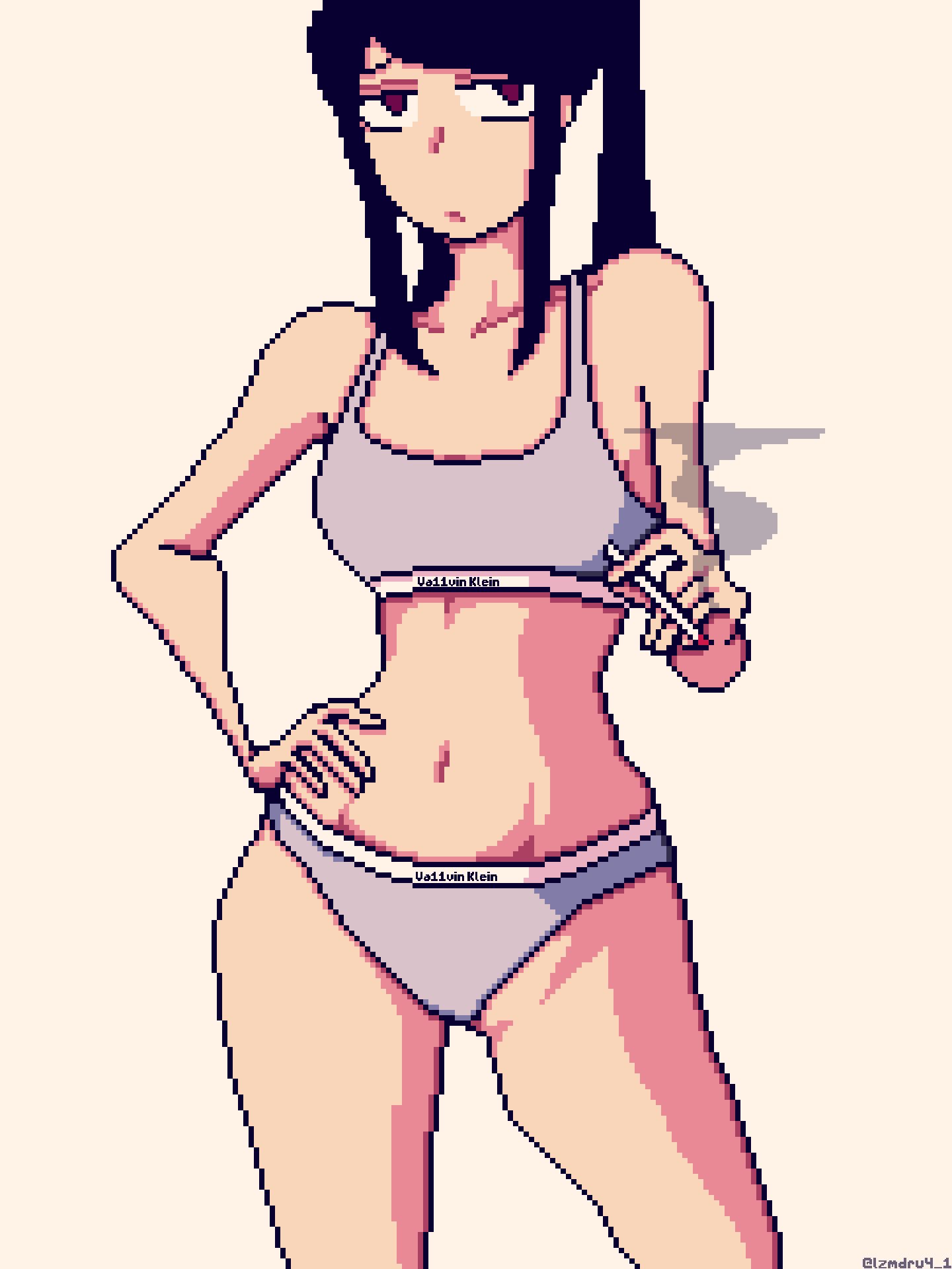 4-1_(lzmdru4_1) bikini black_hair cigarette depressed julianne_stingray lit_cigarette muscular pixelated red_eyes shadow small_breasts smoke smoking sports_bra tank_top thick_thighs underwear white_bikini white_underwear