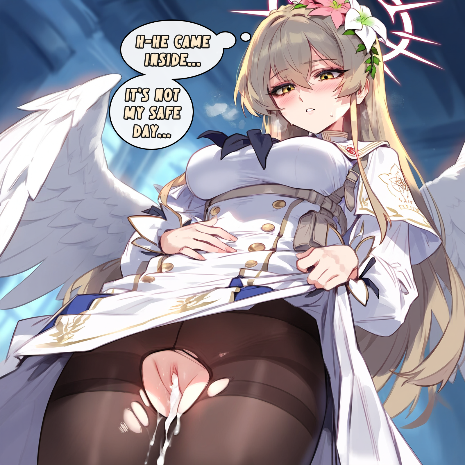absurd res, absurdres, after sex, after vaginal, ai generated, black pantyhose, blue archive, blush, breasts, color, commentary, creampied, cum in pussy, cum overflow, cumdrip, darklust, dialogue, english, english commentary, english dialogue, english text, female, grey hair, hi res, high resolution, highres, human, large breasts, motion blur, motion lines, nagisa (blue archive), novelai, pantyhose, pussy, rape, self upload, semen, semen in vagina, sex, speech bubble, speed lines, sweat, tagme, text, torn pantyhose, uncensored
