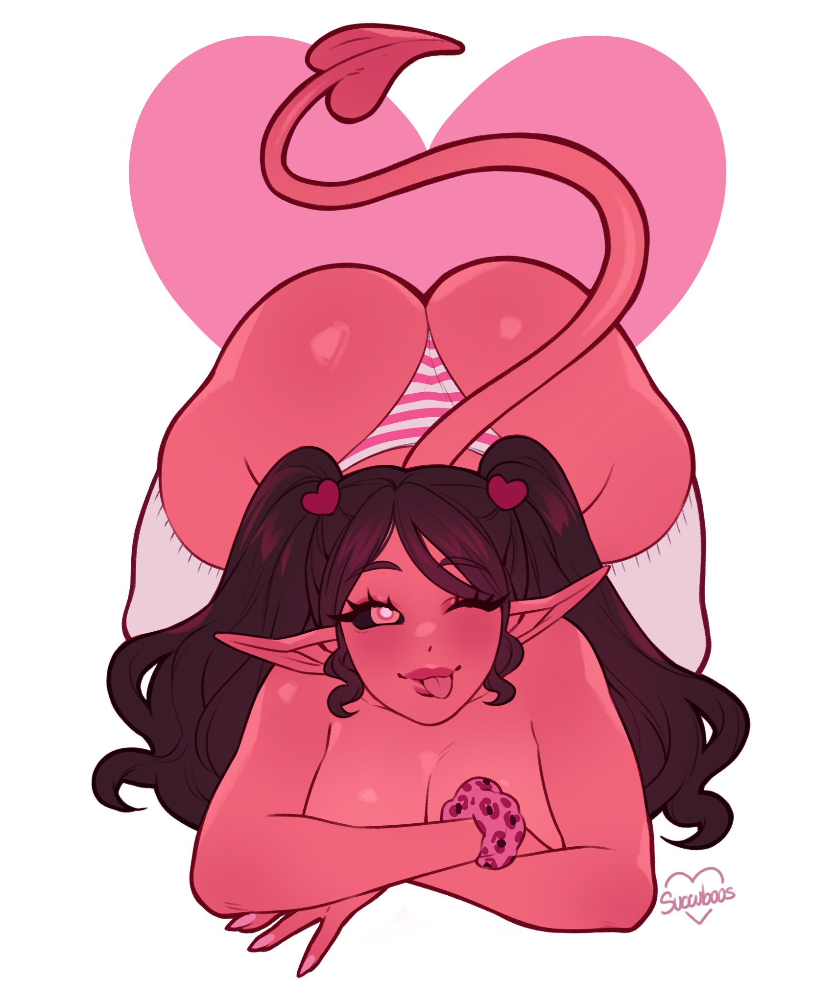 ass, ass focus, charlotte (succuboos), demon, demon girl, demon tail, demoness, huge breasts, original, original character, red skin, succuboos, succubus, succubus tail, tagme