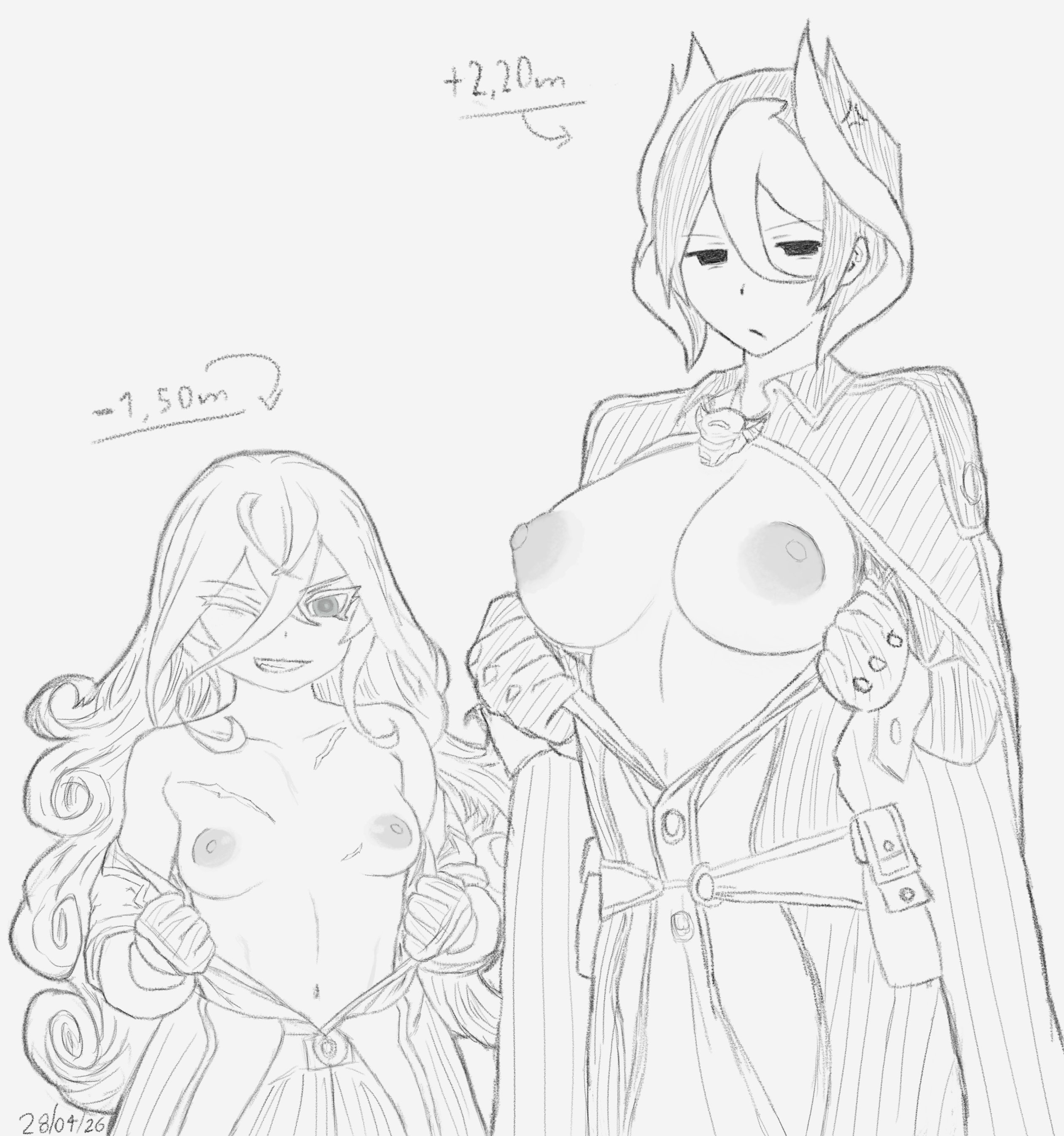 2girls, anger vein, angry, annoyed, big breasts, breast size difference, breasts, breasts out, curly hair, female, female only, flashing, flashing breasts, frown, grin, hair between eyes, height difference, large areolae, line art, long hair, lyza (made in abyss), made in abyss, monochrome, open shirt, ozen, puffy nipples, scar, scars, short hair, small breasts, smile, take your pick, two-tone hair, viosamm, wink