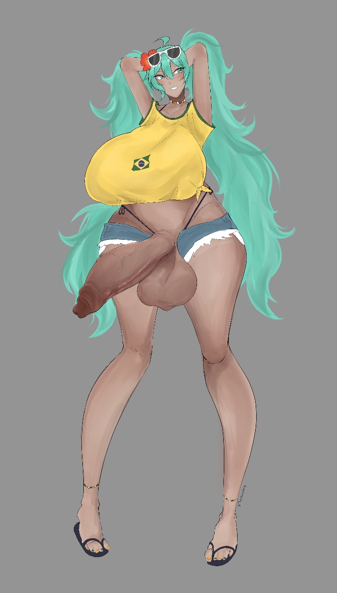 1futa, areolae, balls, big areola, big balls, big breasts, big cock, big nipples, big penis, big testicles, blue eyes, blue hair, brazilian miku, breasts, clothed, clothing, cock, dark balls, dark penis, dark-skinned futa, dark-skinned futanari, dick, dickgirl, erect nipple, erect nipples, erect penis, erection, futanari, hatsune miku, intersex, long hair, long penis, nipples, penis, sandals, scrotum, solo, solo futa, testicles, uncensored, veiny penis, vocaloid