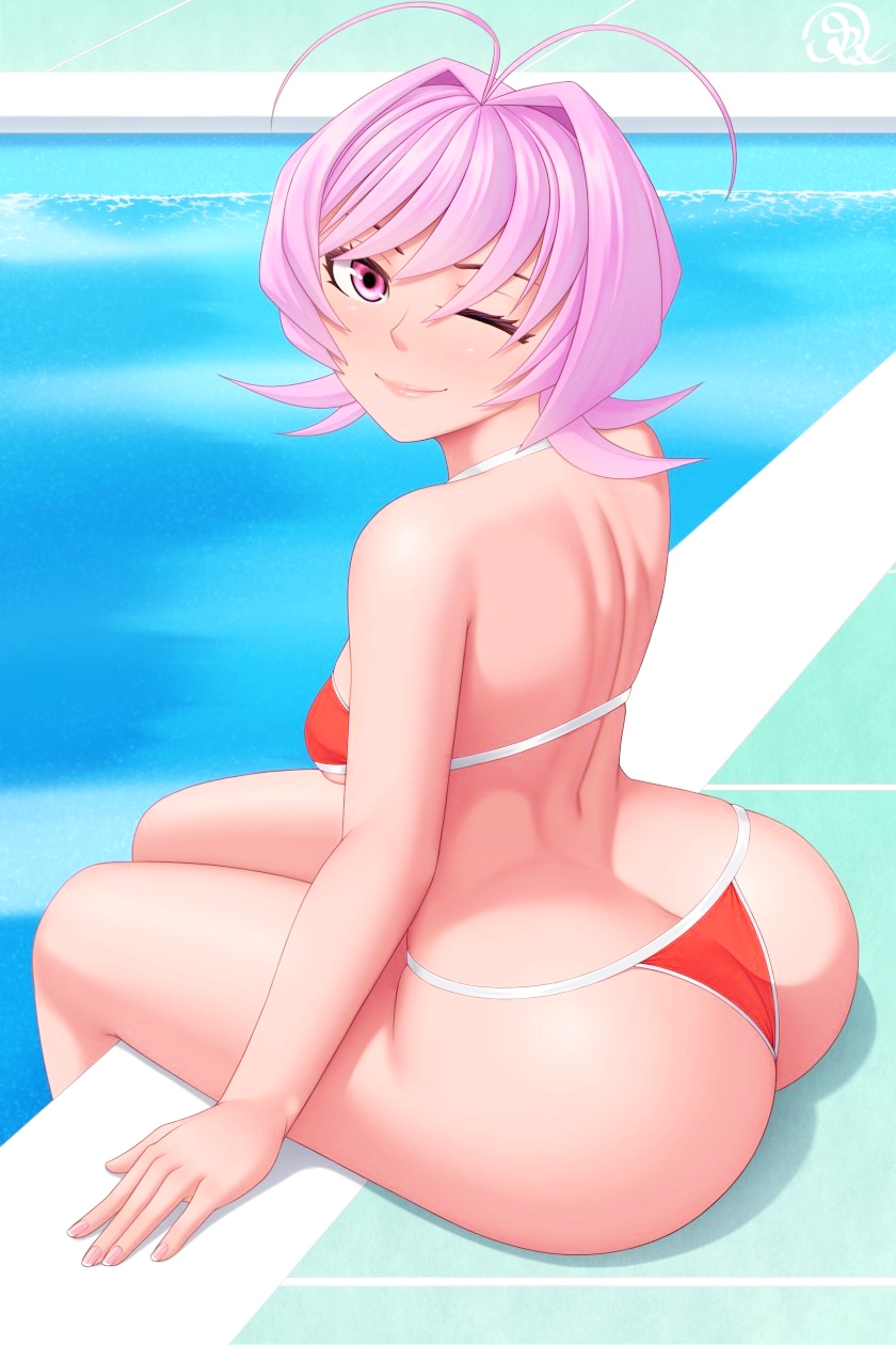1girls, big ass, bikini, bubble ass, female, female only, genderswap (mtf), komi-san wa komyushou desu, light-skinned female, looking at viewer, medium breasts, osana najimi, pink eyes, pink hair, poolside, red bikini, rocky-ace, round ass, rule 63