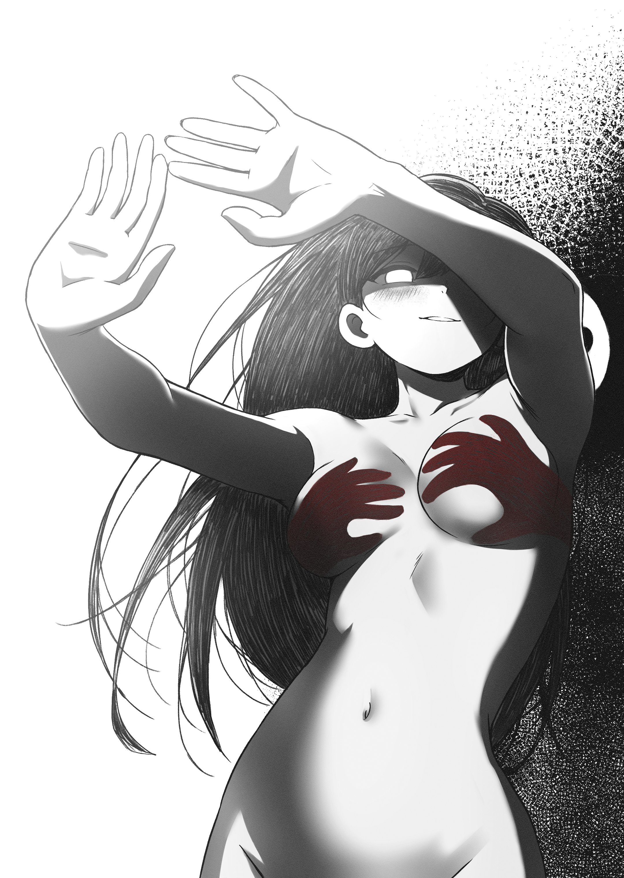 1girls, arms up, black and white, black hair, completely nude, completely nude female, female, female only, hands casting shadow, long hair, mari (omori), monochrome, naked, naked female, nude, nude female, omori, solo, solo female, something (omori), trend, vegasvat