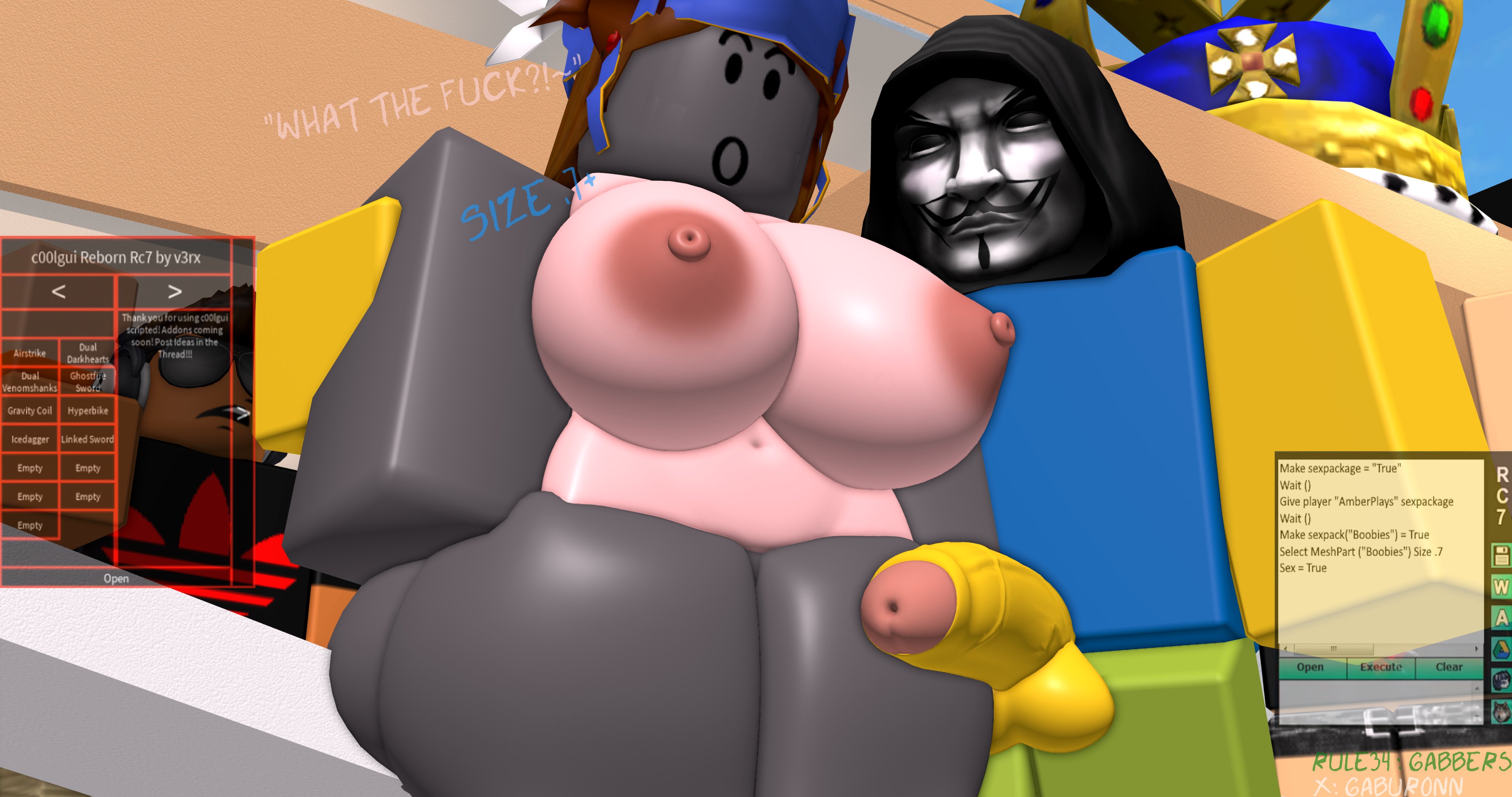 :o, 1boy, 1girls, 2026, 3d, aa millers, areolae, ass, background character, background characters, balls, belly button, big ass, big breasts, big penis, black eyes, black hood, body transformation, bottomless, bottomless female, breast expansion, breasts, brown hair, day, dialogue, duo, duo focus, english text, eyebrows, female, gabbers, grey skin, gui, hacker, hood, hood up, imminent rape, long hair, male, mask, nipples, noob, open mouth, outdoors, penis, penis out, pink torso, public, public exposure, roblox, roblox avatar, roblox hacker, roblox youtuber, robloxian, sleeveless, standing, stomach, surprised, text, thick thighs, thighs, valkyrie helm, watermark, yellow skin, youtube, youtuber