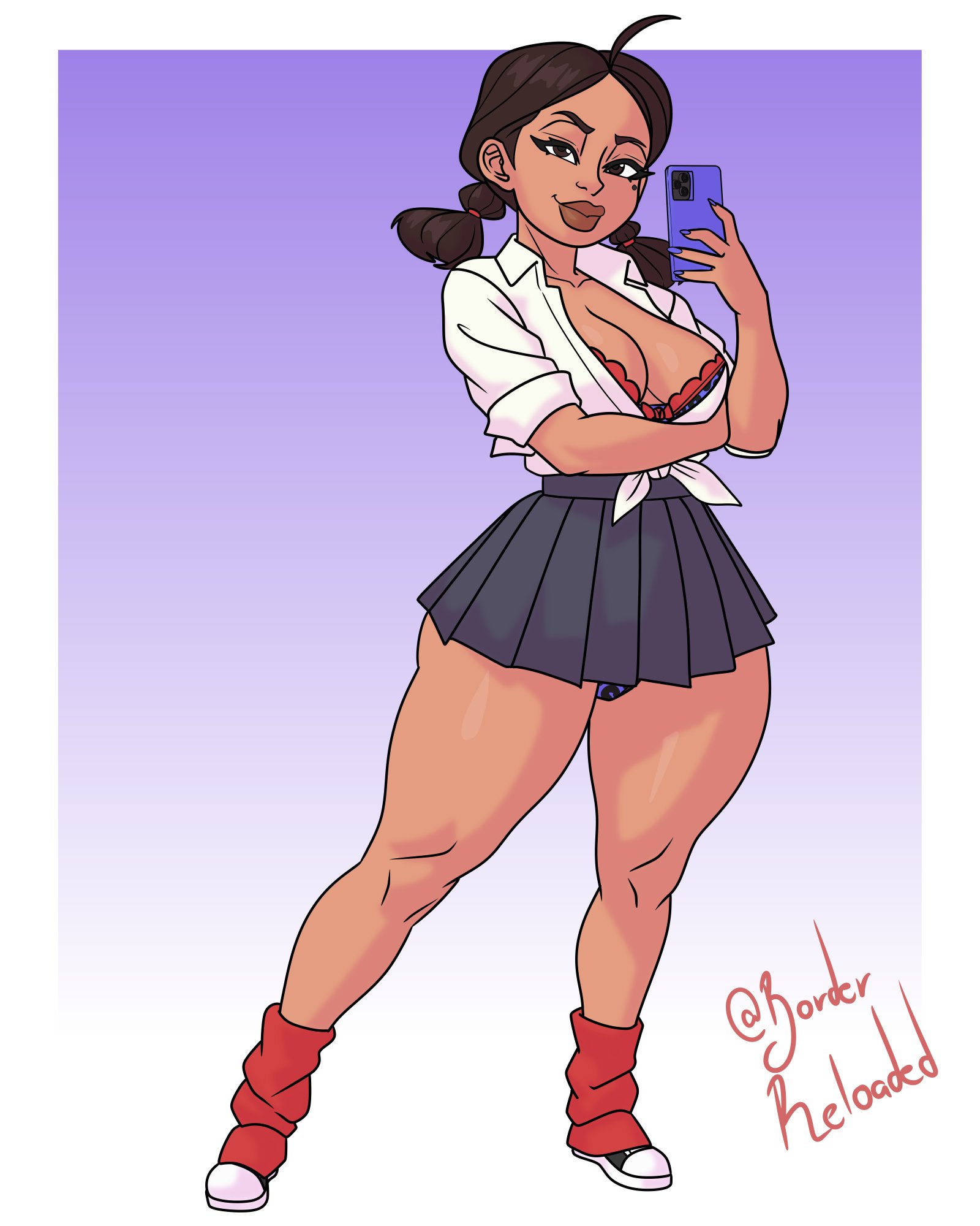 beauty mark, borderreloaded, bra, brunette, dark-skinned female, female, female only, gyaru, large lips, looking at viewer, miniskirt, panties, penny proud, phone, short skirt, skirt, the proud family, thick thighs, wide hips