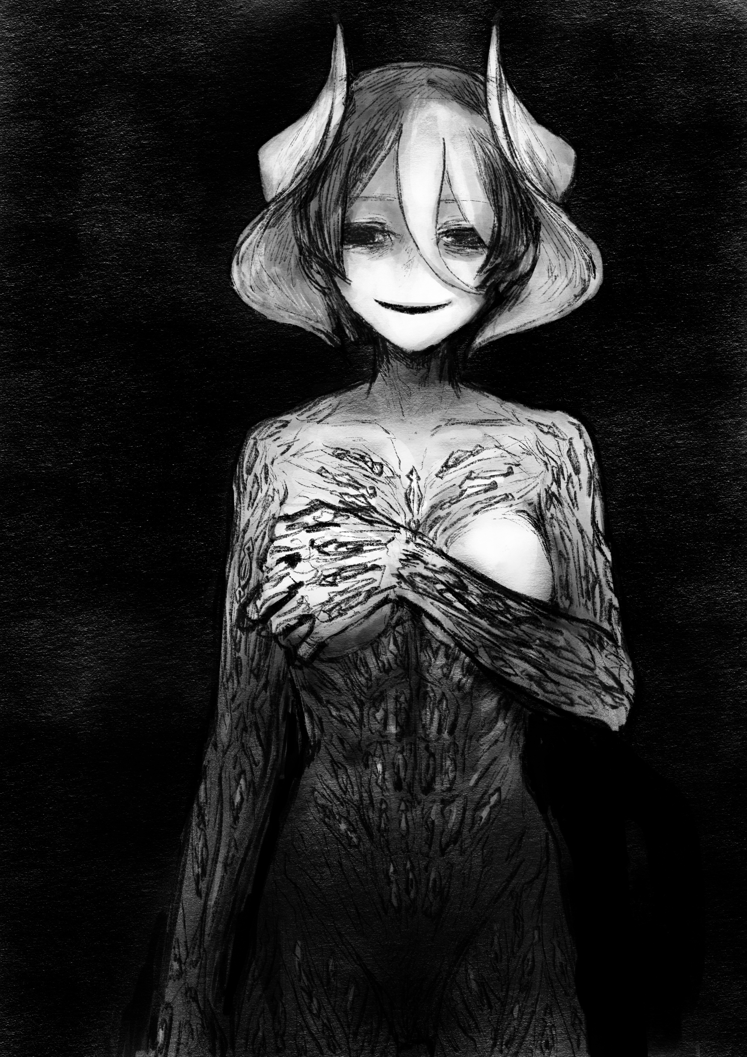 1girls, body markings, breasts, completely nude, covering breasts, covering self, creepy, creepy smile, female, female only, hair between eyes, horror, horror (theme), looking at viewer, made in abyss, medium breasts, monochrome, nude, ozen, short hair, smile, solo, solo female, trypophobia, two-tone hair