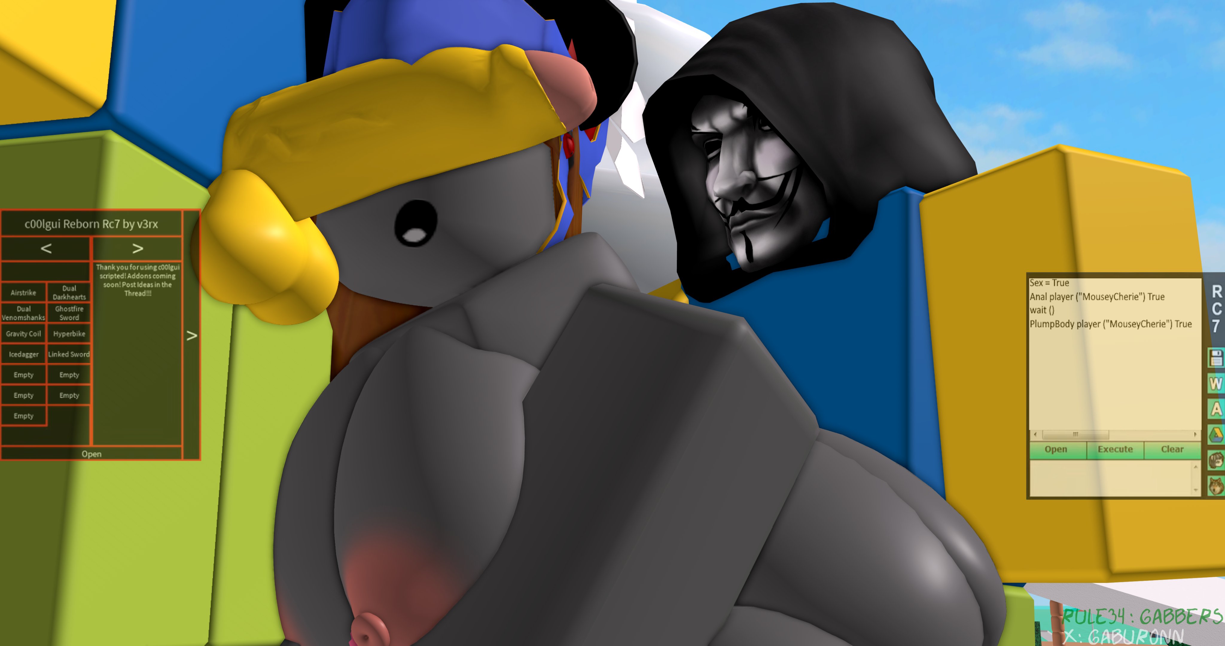 1girls, 2026, 2boys, 3d, anal, anal sex, areolae, ass, balls, bent over, big ass, big breasts, big penis, black hood, breasts, brown hair, day, female, female penetrated, from behind, gabbers, grey skin, gui, hacker, hood, hood up, long hair, looking at penis, male, male penetrating, male penetrating female, mask, masked male, mmf threesome, mouse ears, mouseycherie, nipples, noob, nude, open mouth, outdoors, penis, penis out, penis over eyes, public, roblox, roblox avatar, roblox hacker, roblox youtuber, robloxian, round ears, sex, sky, standing, straight, thick thighs, thighs, threesome, valkyrie helm, veiny penis, watermark, youtube, youtuber