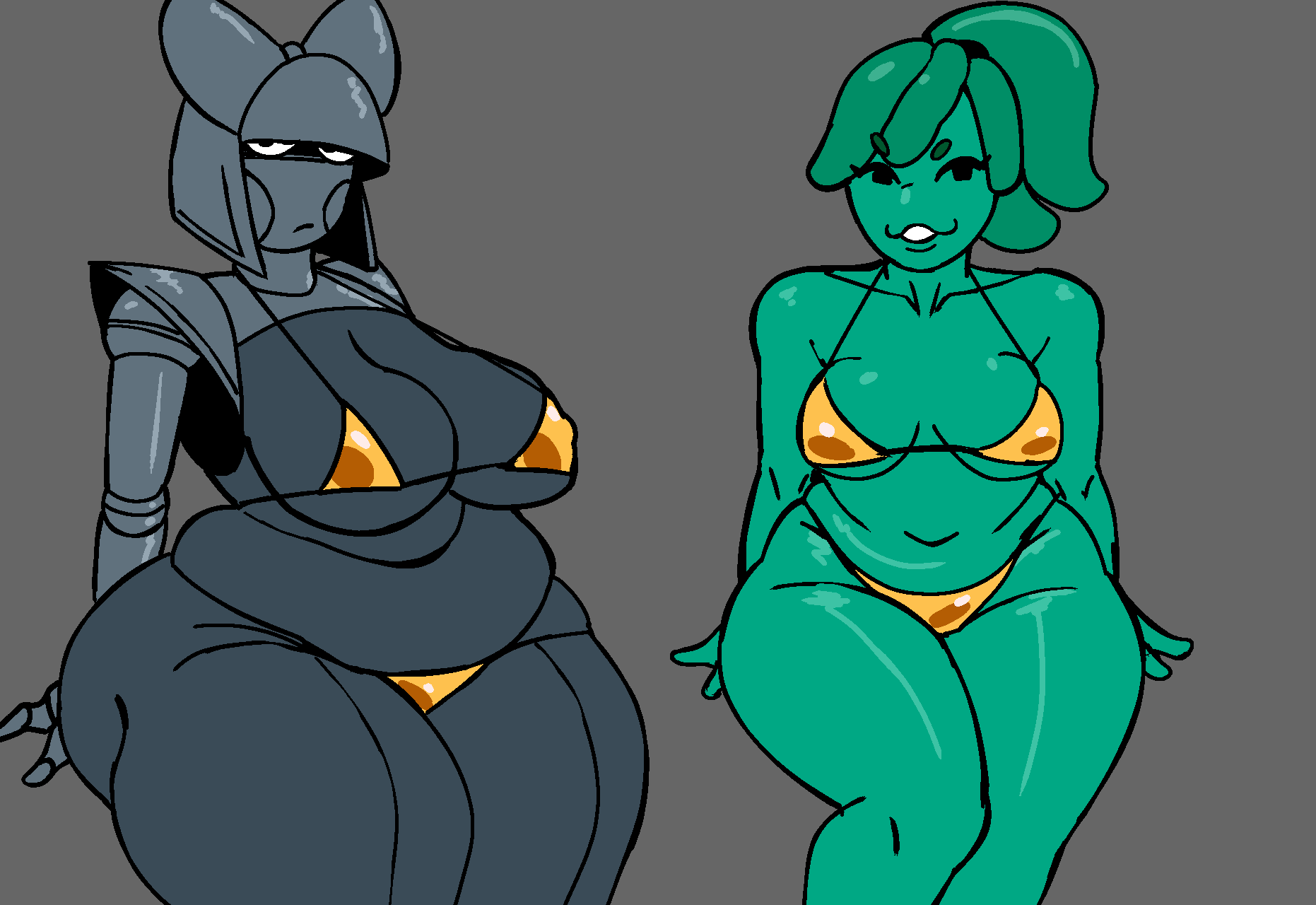 :3, 2girls, big ass, big breasts, big butt, bikini, bikini bottom, bikini top, blue body, blue skin, bow tie, bowtie, bra, breasts, chubby, chubby belly, chubby female, crossover, dumptruck ass, dumptruck butt, ella slurp, epic games, female, female only, fortnite, fortnite: battle royale, green body, green skin, half-closed eyes, looking at viewer, oiled, oiled body, oiled skin, oily, oily body, oily skin, receptionik, ribznsfw, robot, sega, serious, serious face, serious look, smile, smiling, smiling at viewer, smirk, smirking, smirking at viewer, sonic (series), sonic the hedgehog (series), standing, teeth, thick, thick ass, thick butt, thick hips, thick legs, thick thighs