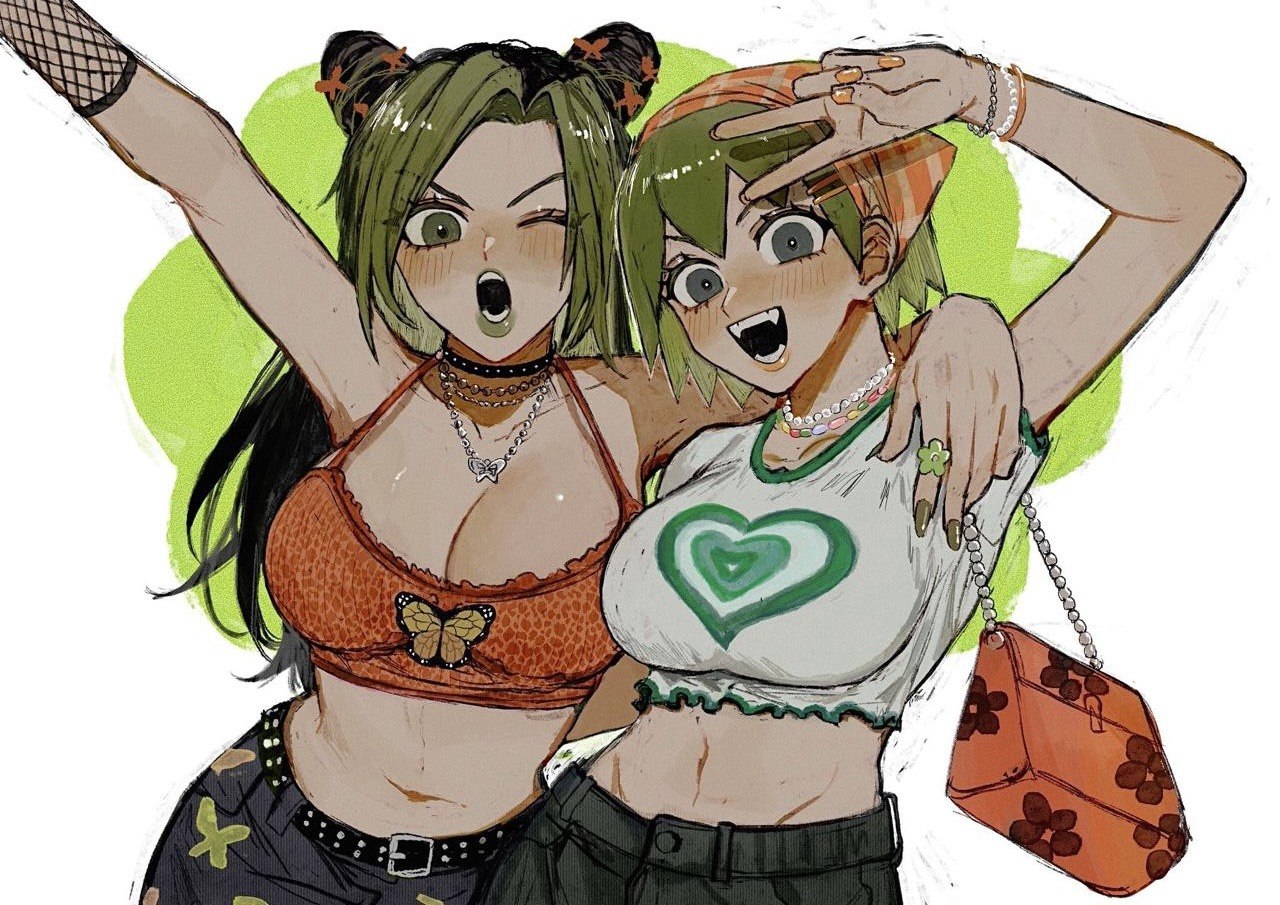 2girls, bag, big breasts, blush, female, female only, foo fighters, handbag, jojo's bizarre adventure, jolyne kujo, multiple girls, neg 50asu, one eye closed, peace sign, stone ocean