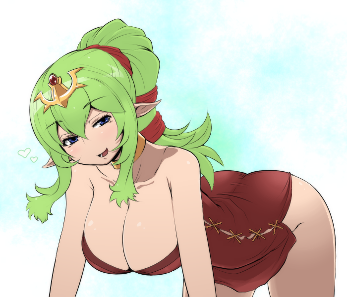 ass blue_eyes blush breasts choker cleavage elf female fire_emblem fire_emblem_awakening green_hair hair_ornament heart kara_age large_breasts long_hair looking_at_viewer manakete naughty_face open_mouth pointy_ears ponytail smile solo thighs tied_hair tiki_(adult)_(fire_emblem) tiki_(fire_emblem)