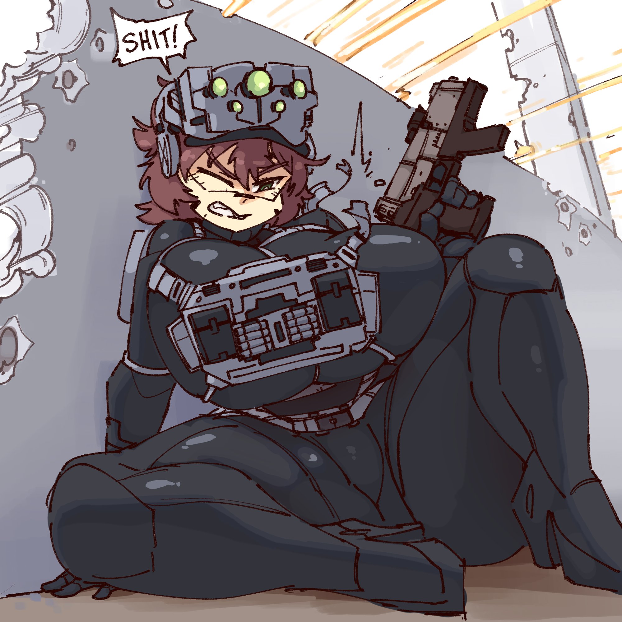 1girls, big breasts, black bodysuit, bodysuit, brown hair, english text, firearm, gun, gunfire, heels, high heels, holding gun, holding weapon, huge breasts, large breasts, rtil, skin tight, skintight, solo, solo female, speaking, speech bubble, swearing, tagme, talking, text, thick thighs, tight clothing, tight fit, tight fitting clothing, vk (grutts), wardrobe malfunction